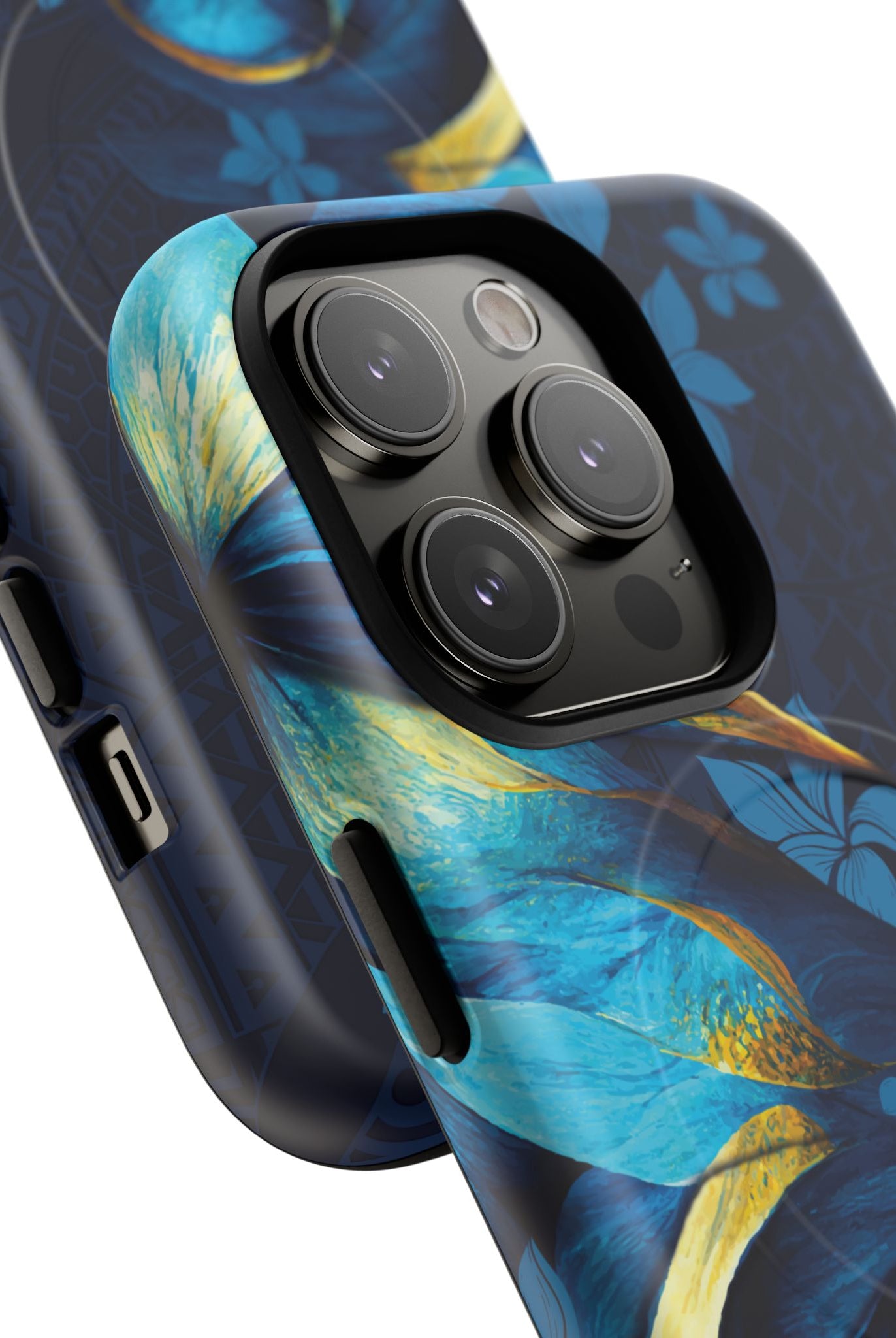 Woman holding Po Mahina MagSafe iPhone Case - Hawaiian Moonlit Teal Gold Floral Design - The Local Banyan