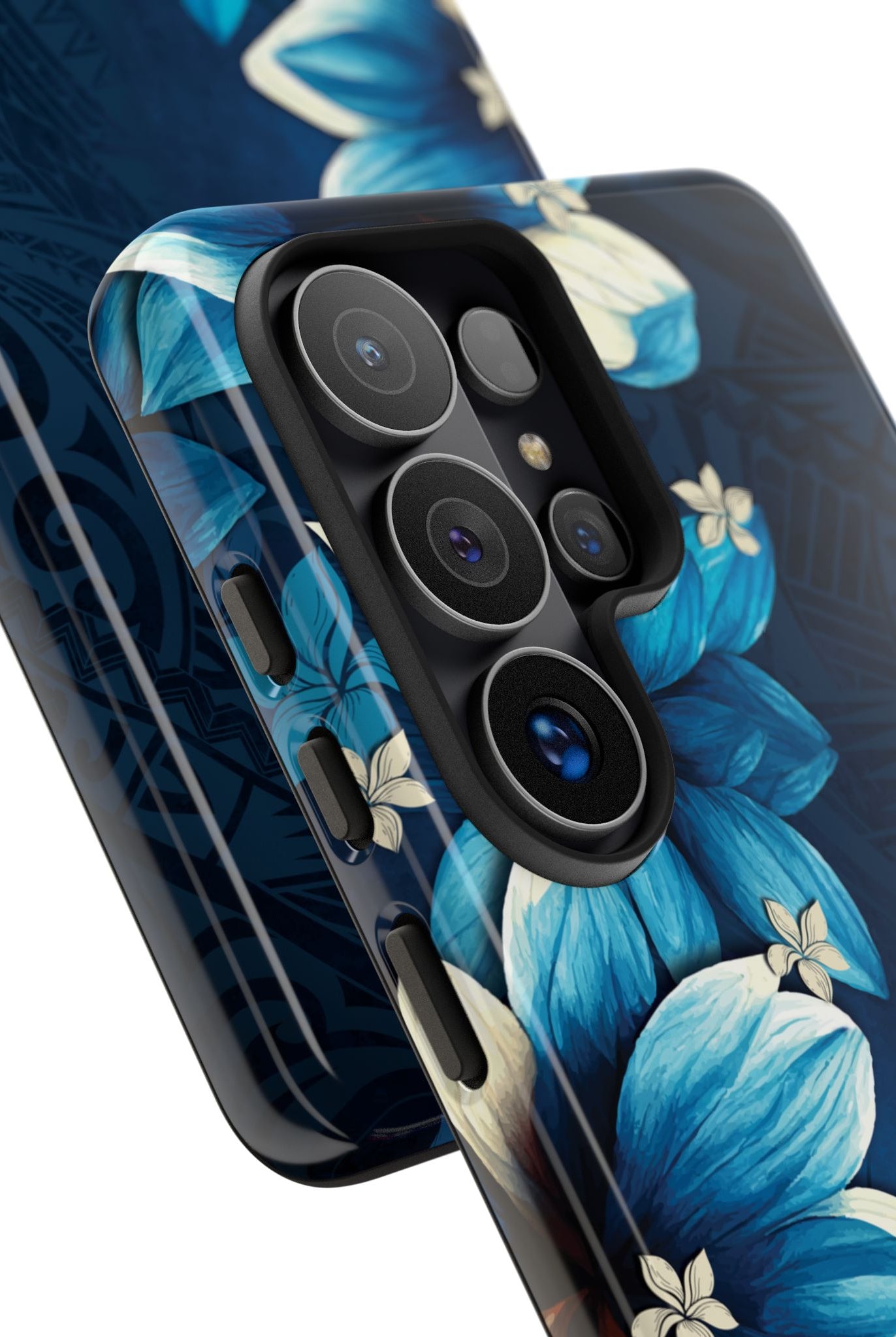 Leilani Nights Tough Samsung Galaxy Case Detail View - Hawaiian Dark Blue Floral Polynesian Design Close Up - The Local Banyan