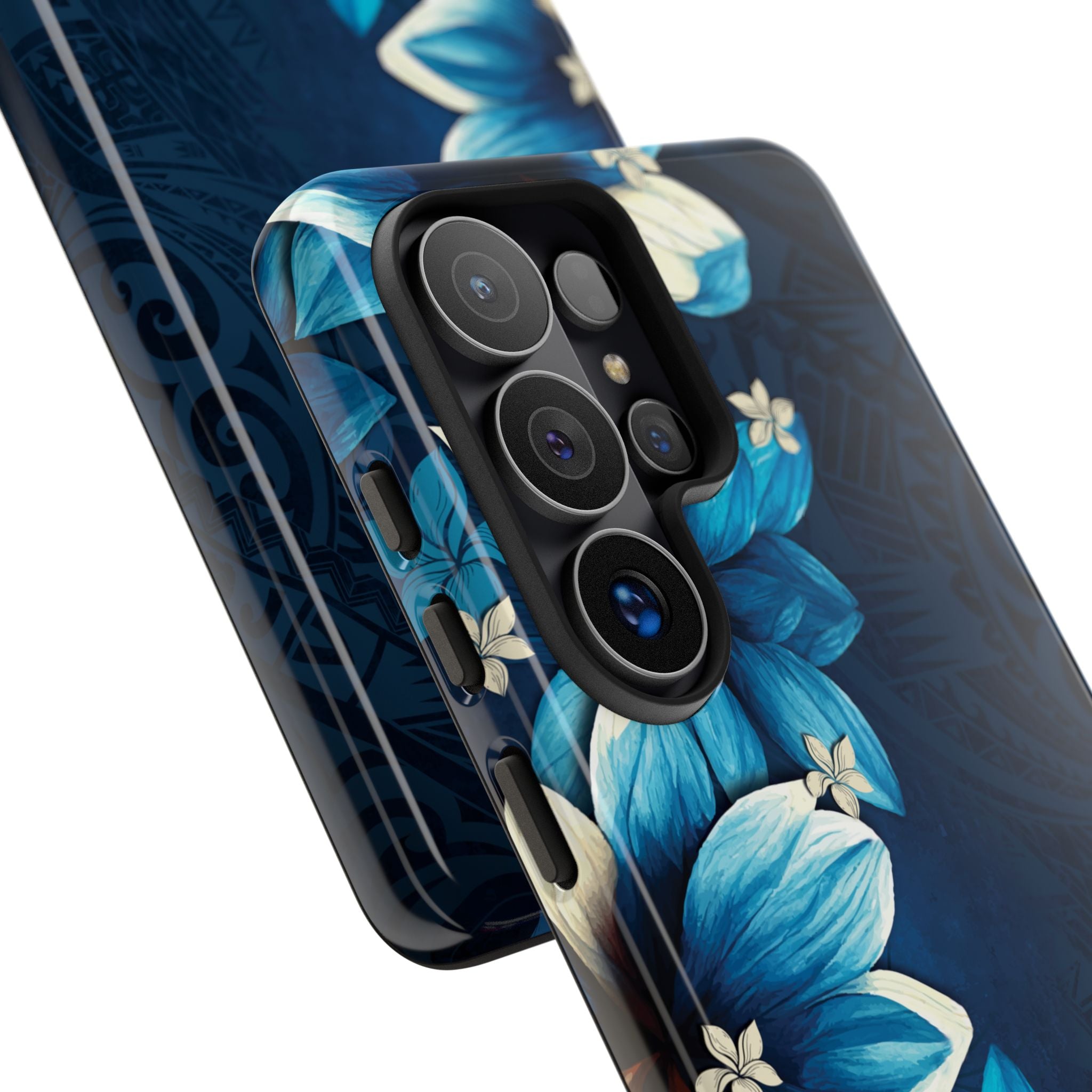 Leilani Nights Tough Samsung Galaxy Case Detail View - Hawaiian Dark Blue Floral Polynesian Design Close Up - The Local Banyan