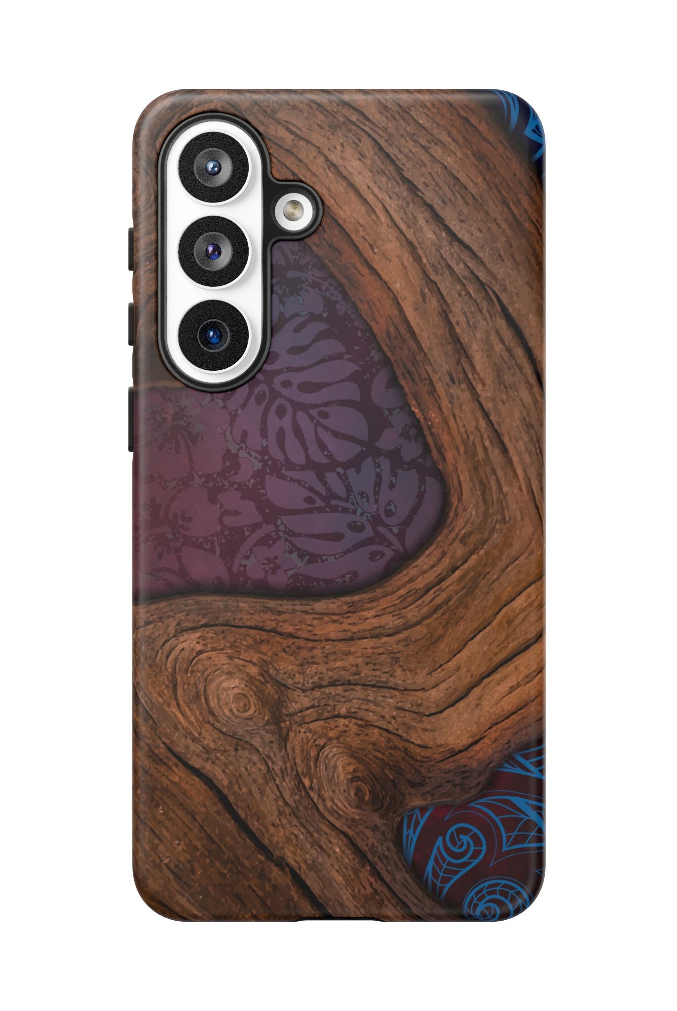 Woman holding Rooted Tough Samsung Galaxy Case - Hawaiian Koa Wood Island Strength Tribal Design - The Local Banyan