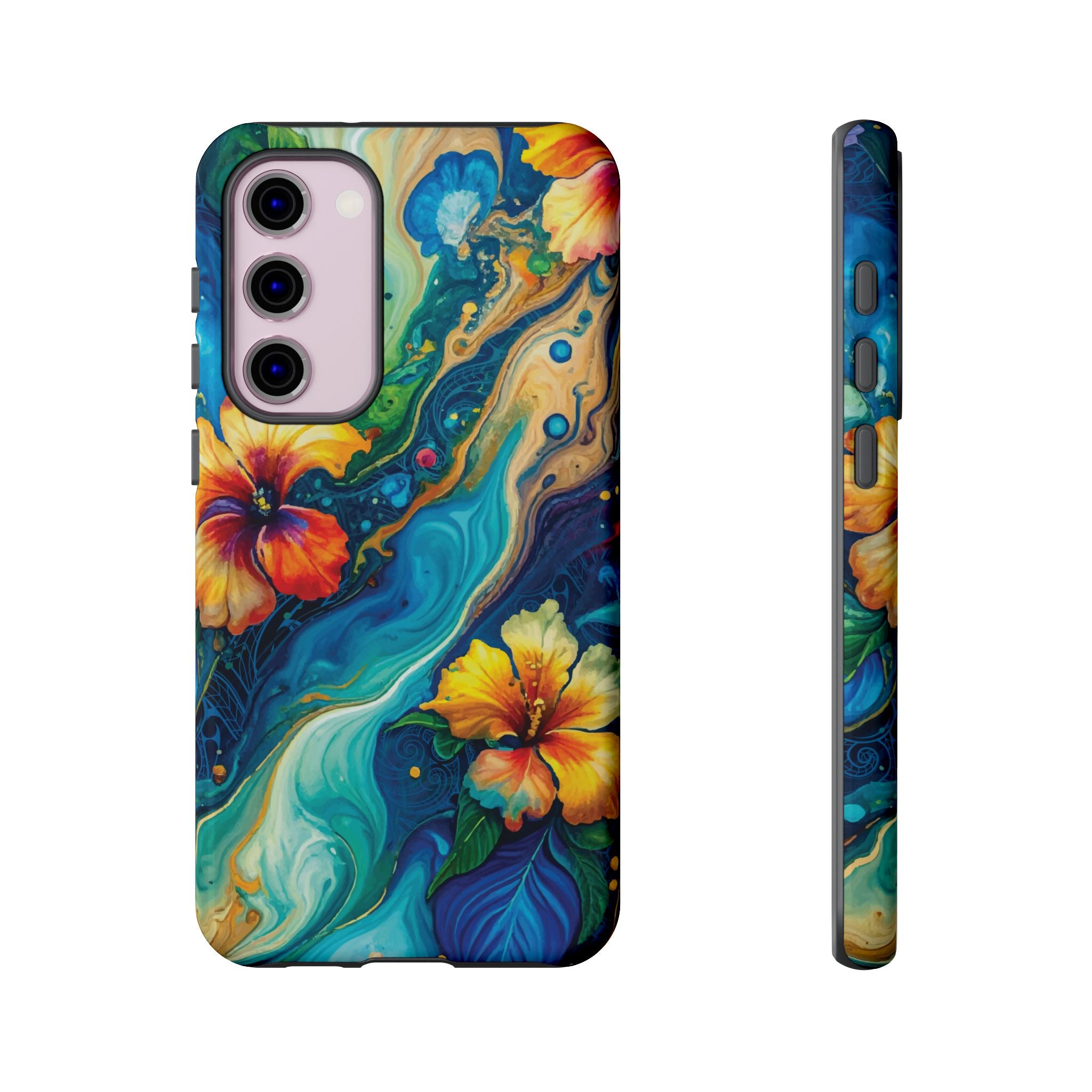 Aloalo Drift Tough Samsung Galaxy Case Detail View - Hawaiian Hibiscus Teal Ocean Wave Design Close Up - The Local Banyan