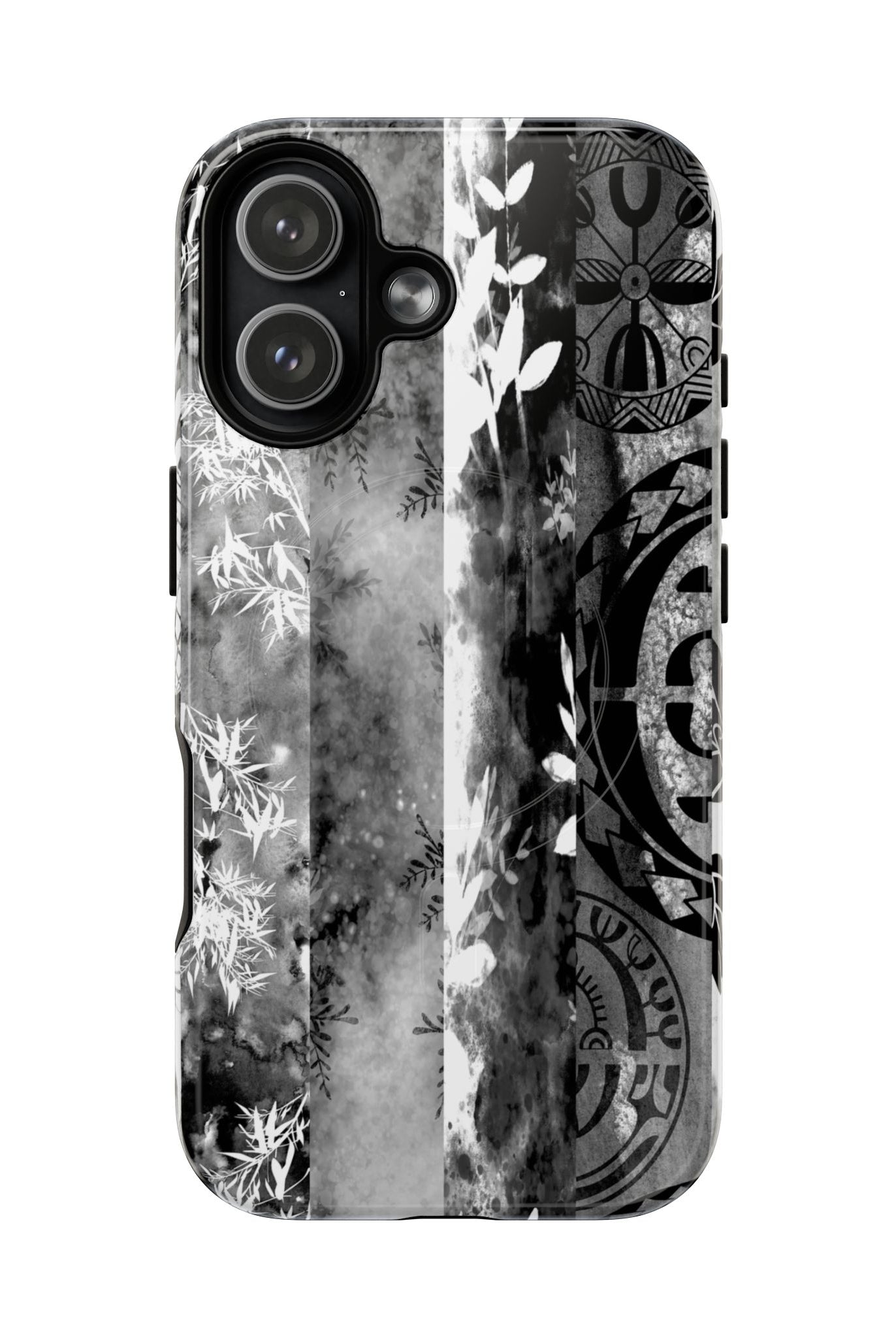 Monochrome Oasis MagSafe iPhone Case iPhone 17 Glossy - Hawaiian Black White Botanical Tribal Design - The Local Banyan