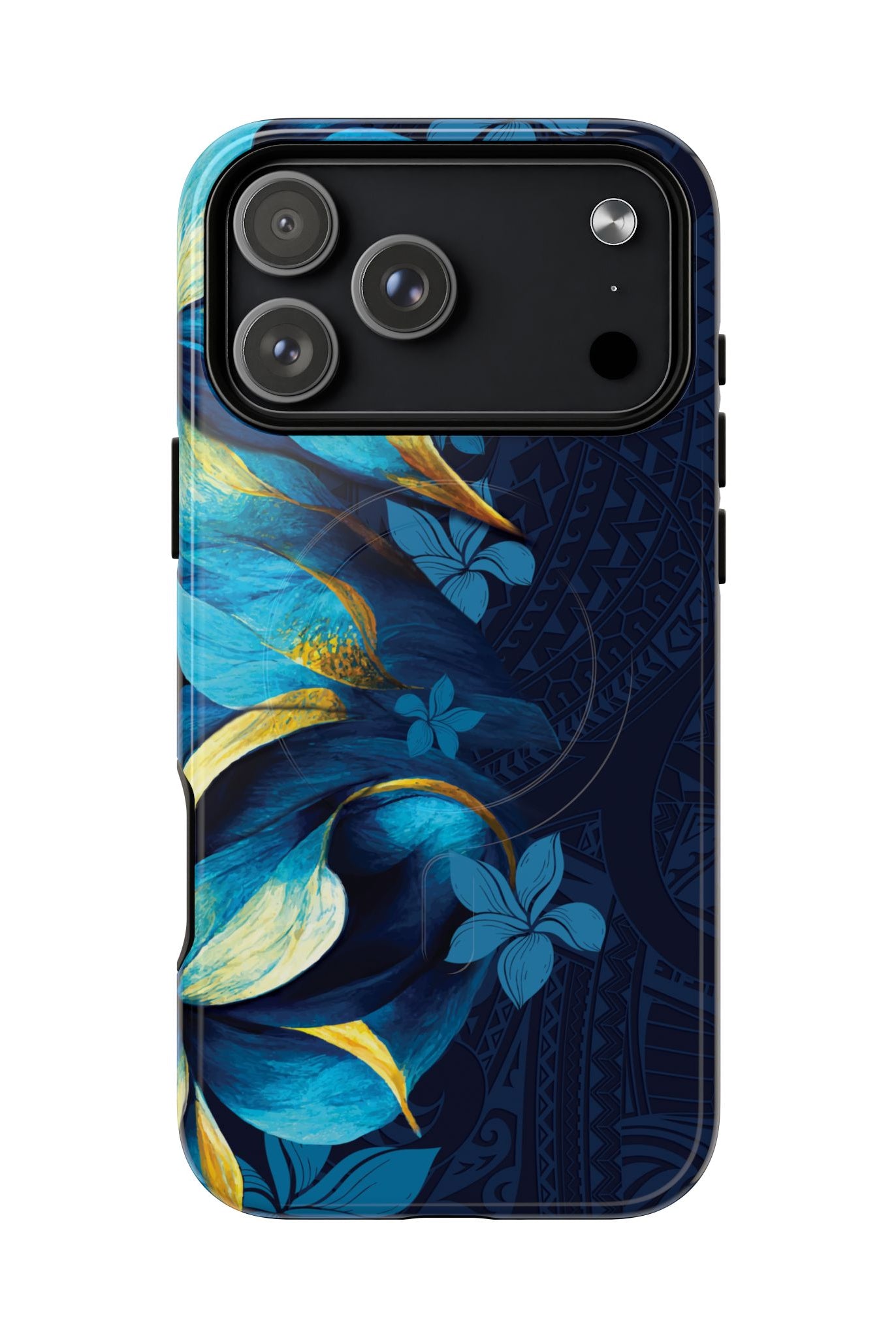 Woman holding Po Mahina MagSafe iPhone Case - Hawaiian Moonlit Teal Gold Floral Design - The Local Banyan