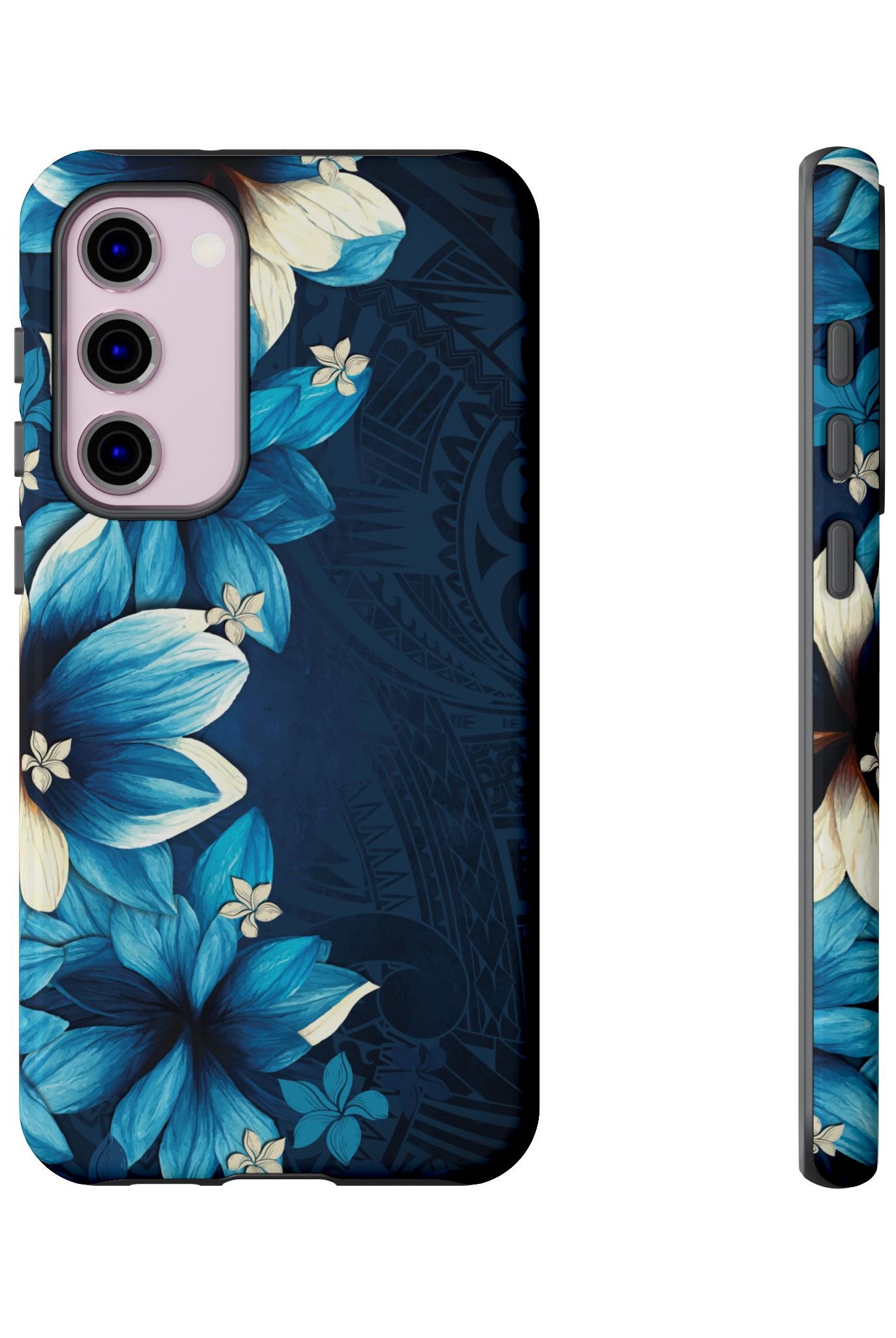 Woman holding Leilani Nights Tough Samsung Galaxy Case - Hawaiian Dark Blue Floral Polynesian Design - The Local Banyan