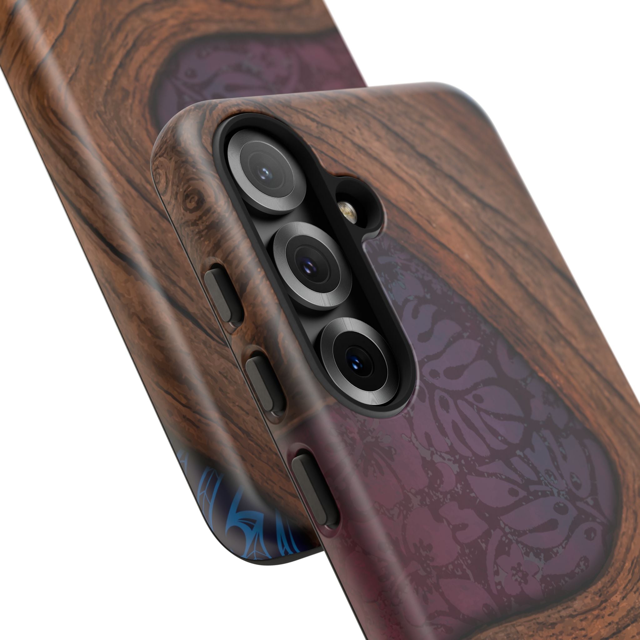 Woman holding Rooted Tough Samsung Galaxy Case - Hawaiian Koa Wood Island Strength Tribal Design - The Local Banyan