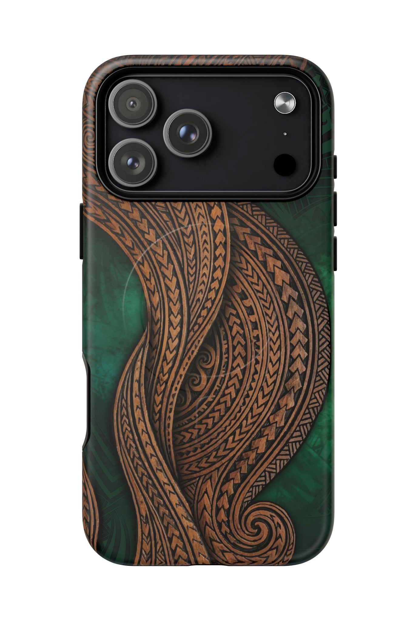 Woman holding Island Kalai MagSafe iPhone Case - Hawaiian Carved Wood Grain Emerald Green Tribal Design - The Local Banyan
