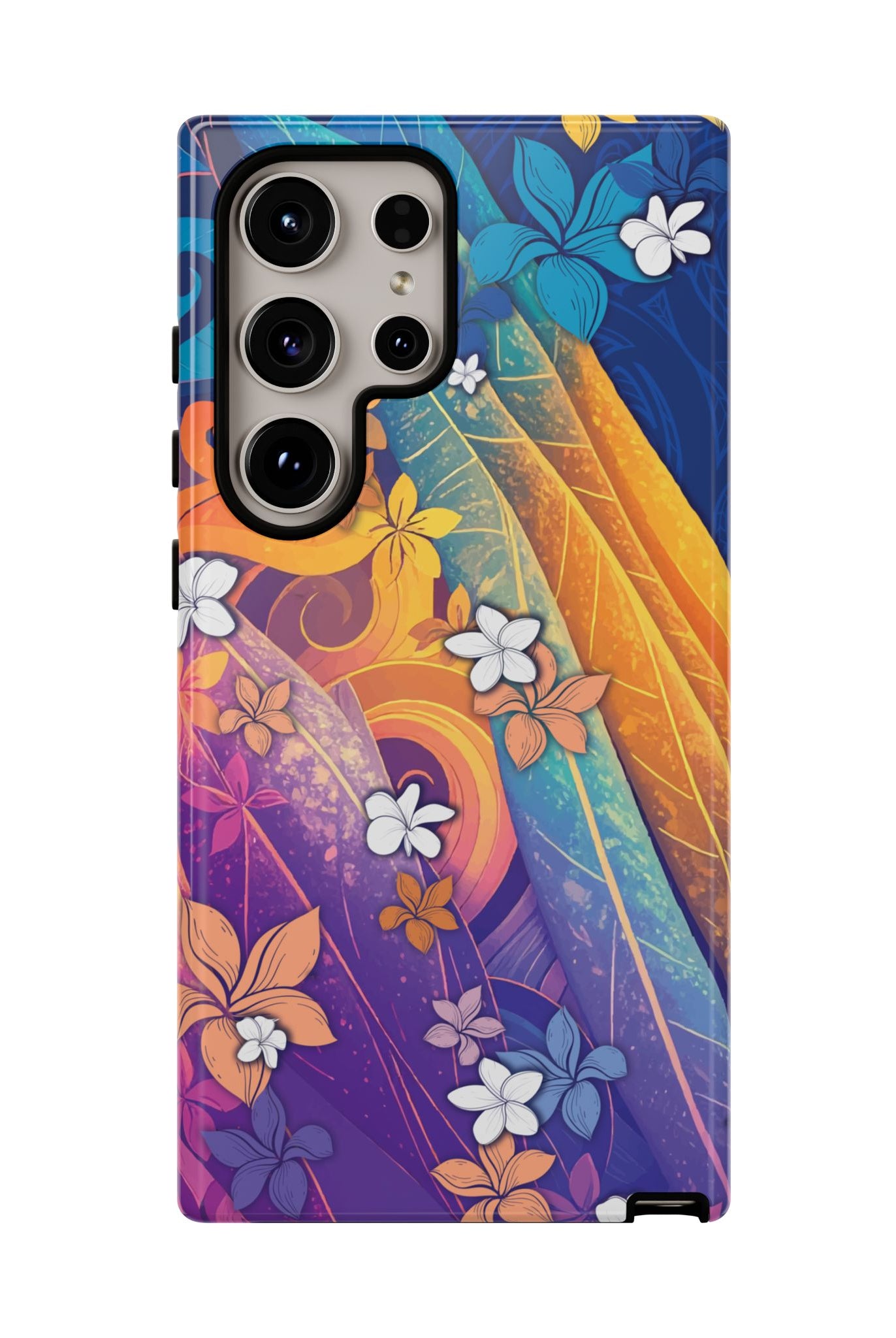Woman holding Mauna Sunrise Tough Samsung Galaxy Case - Hawaiian Colorful Sunrise Plumeria Design - The Local Banyan