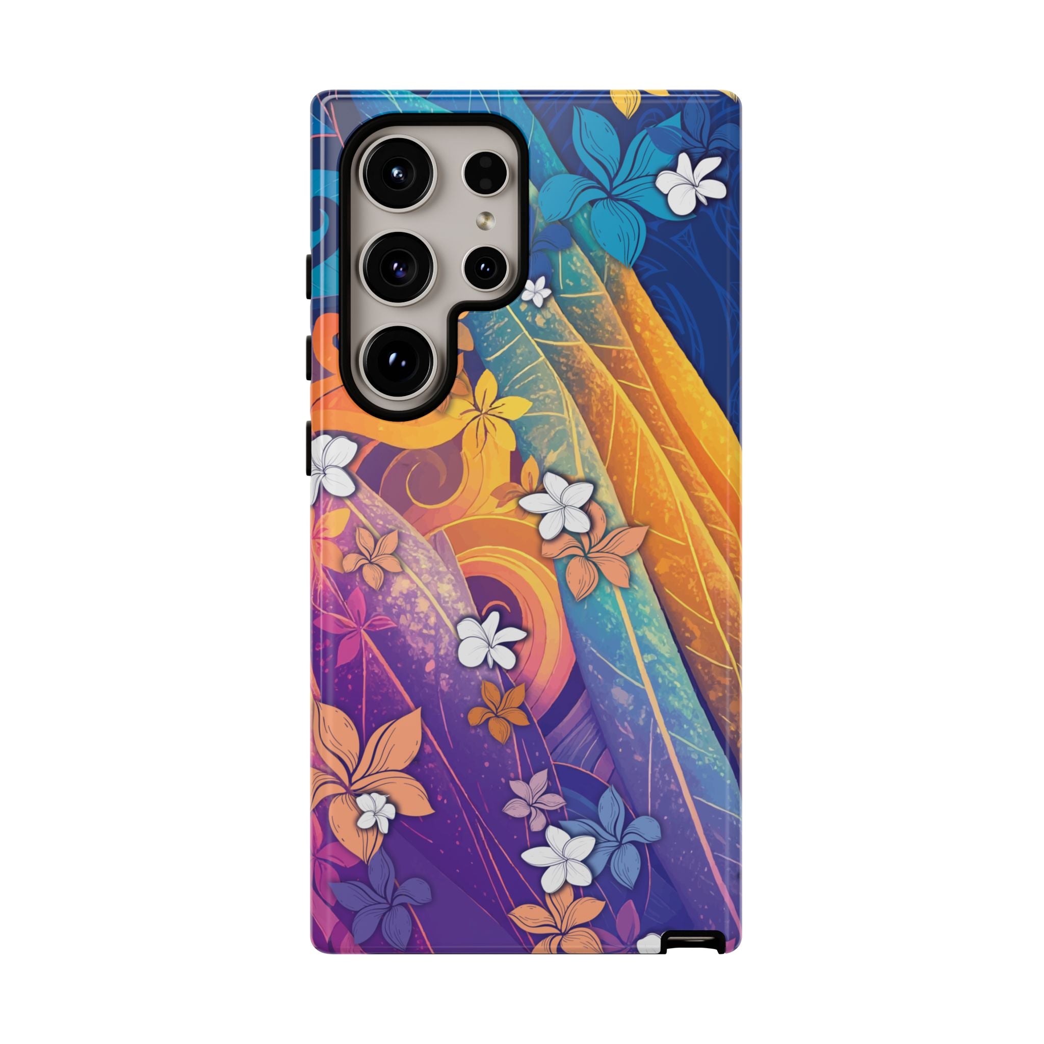 Woman holding Mauna Sunrise Tough Samsung Galaxy Case - Hawaiian Colorful Sunrise Plumeria Design - The Local Banyan