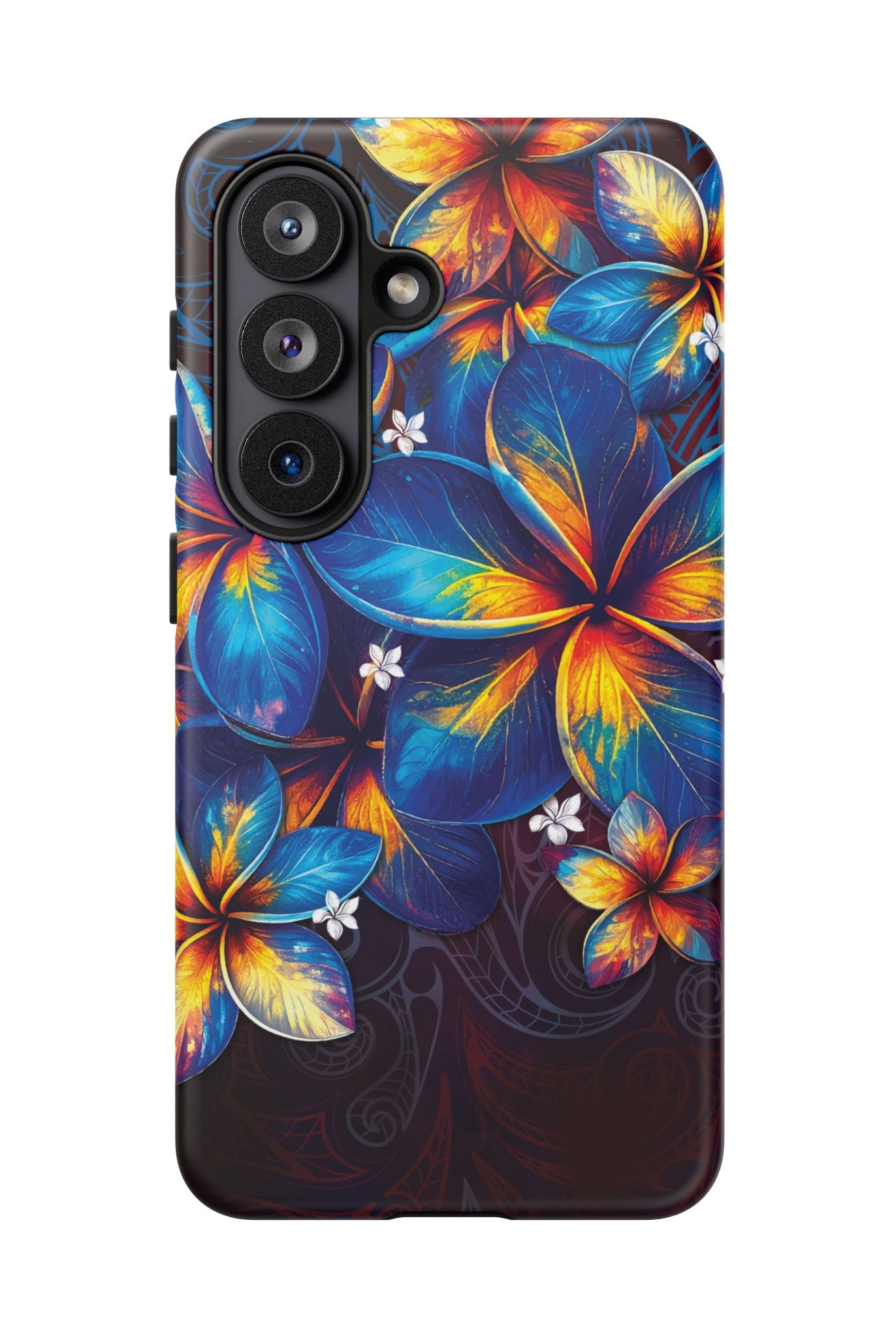Woman holding Nohea Twilight Tough Samsung Galaxy Case - Hawaiian Blue Orange Plumeria Twilight Design - The Local Banyan