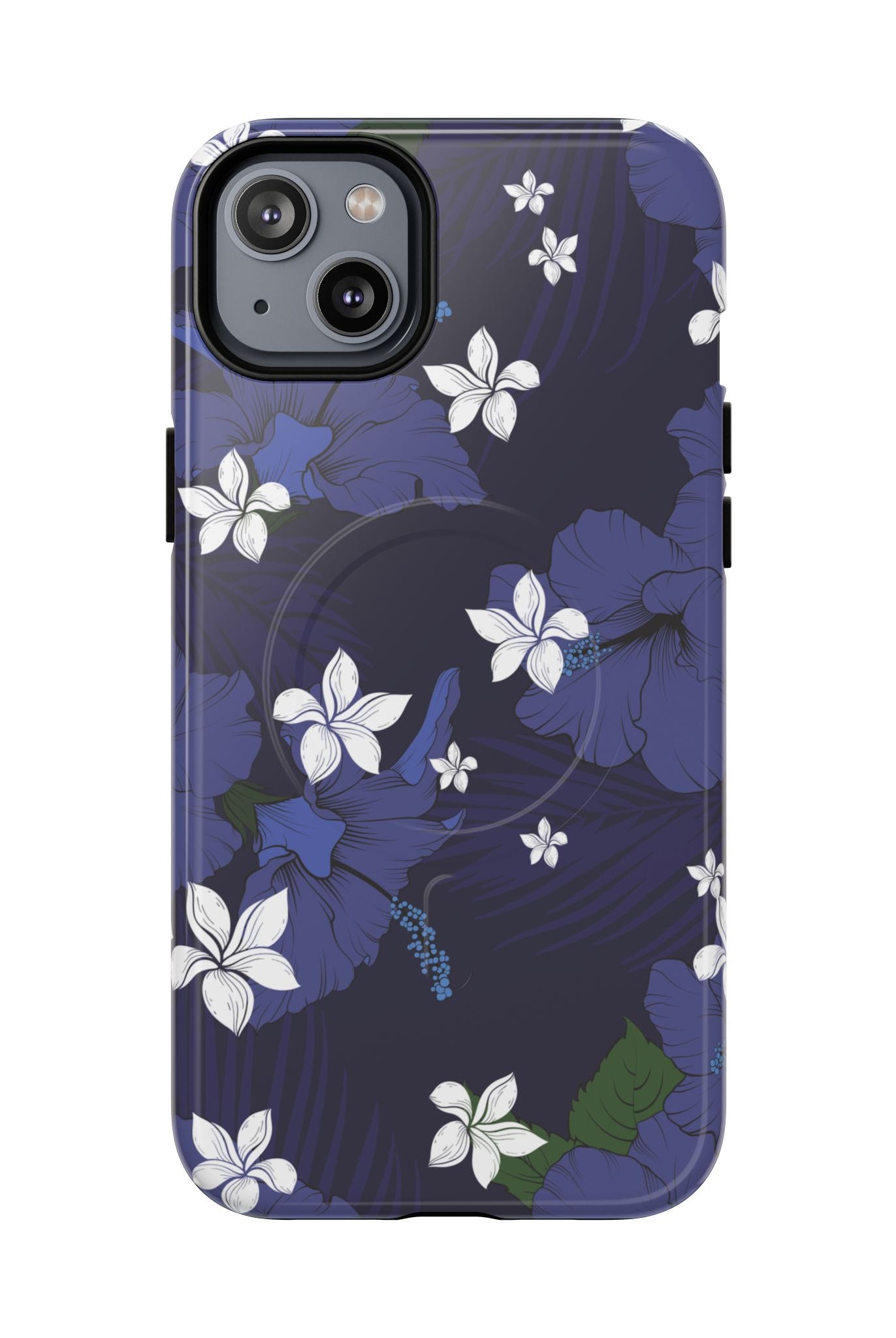 Vintage Blue MagSafe iPhone Case iPhone 14 Plus Glossy - Hawaiian Indigo Hibiscus White Plumeria Design - The Local Banyan