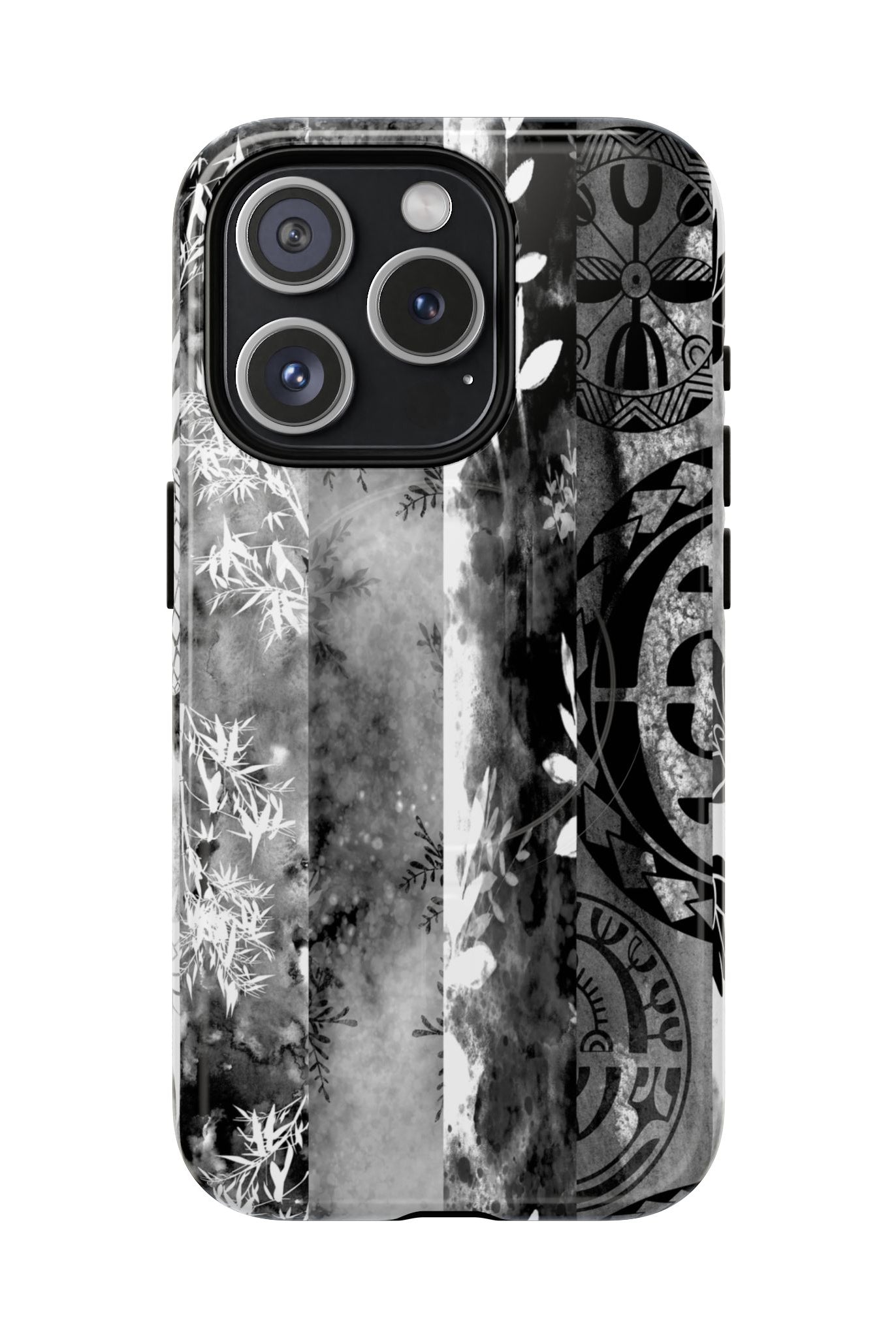Monochrome Oasis MagSafe iPhone Case iPhone 15 Pro Glossy - Hawaiian Black White Botanical Tribal Design - The Local Banyan