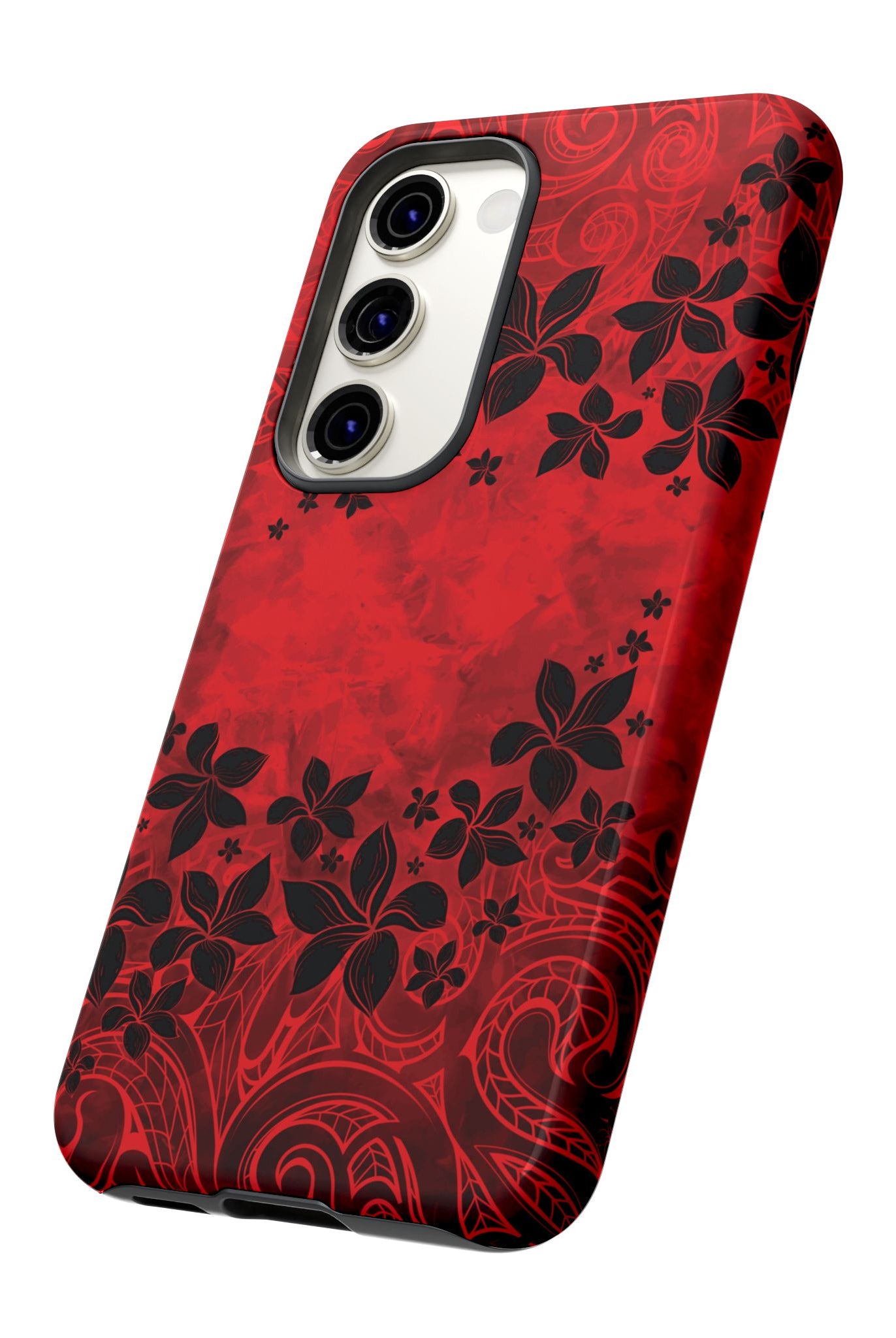 Keahi Pua Tough Samsung Galaxy Case Detail View - Hawaiian Fire Flower Red Tribal Floral Design Close Up - The Local Banyan