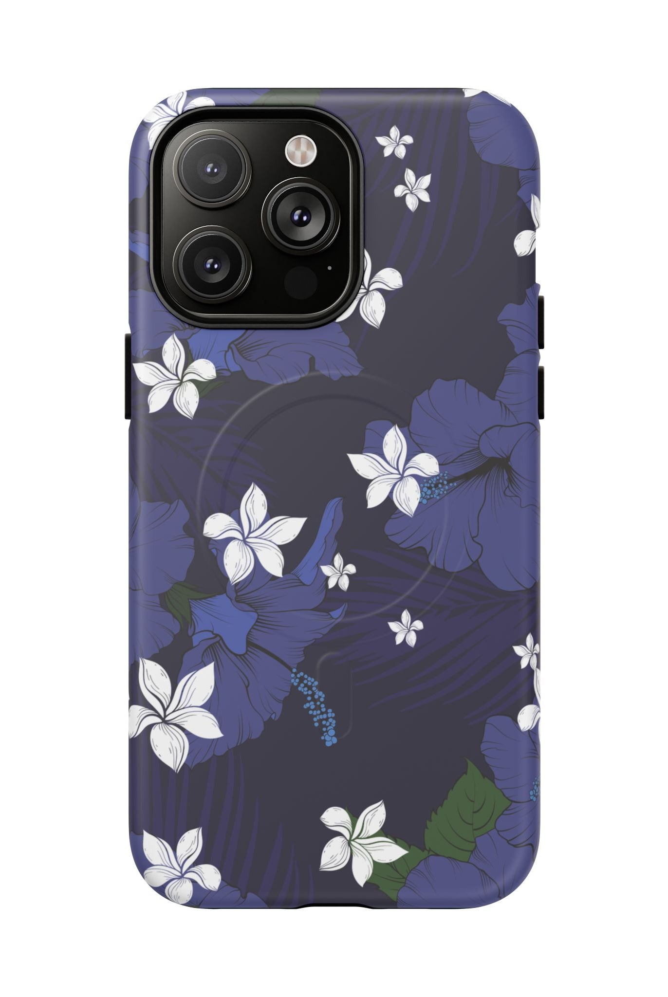 Vintage Blue MagSafe iPhone Case iPhone 14 Pro Max Matte - Hawaiian Indigo Hibiscus White Plumeria Design - The Local Banyan