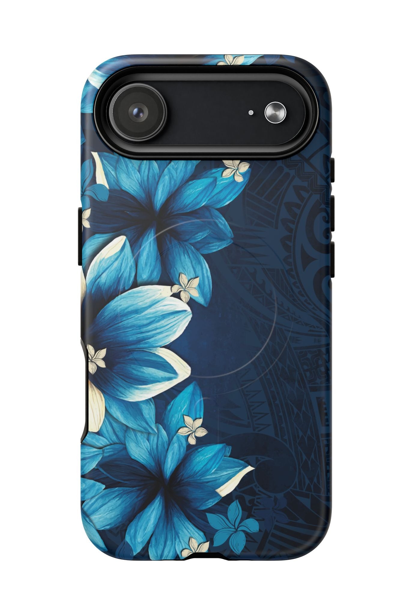Woman holding Leilani Nights MagSafe iPhone Case - Hawaiian Dark Blue Floral Polynesian Design - The Local Banyan