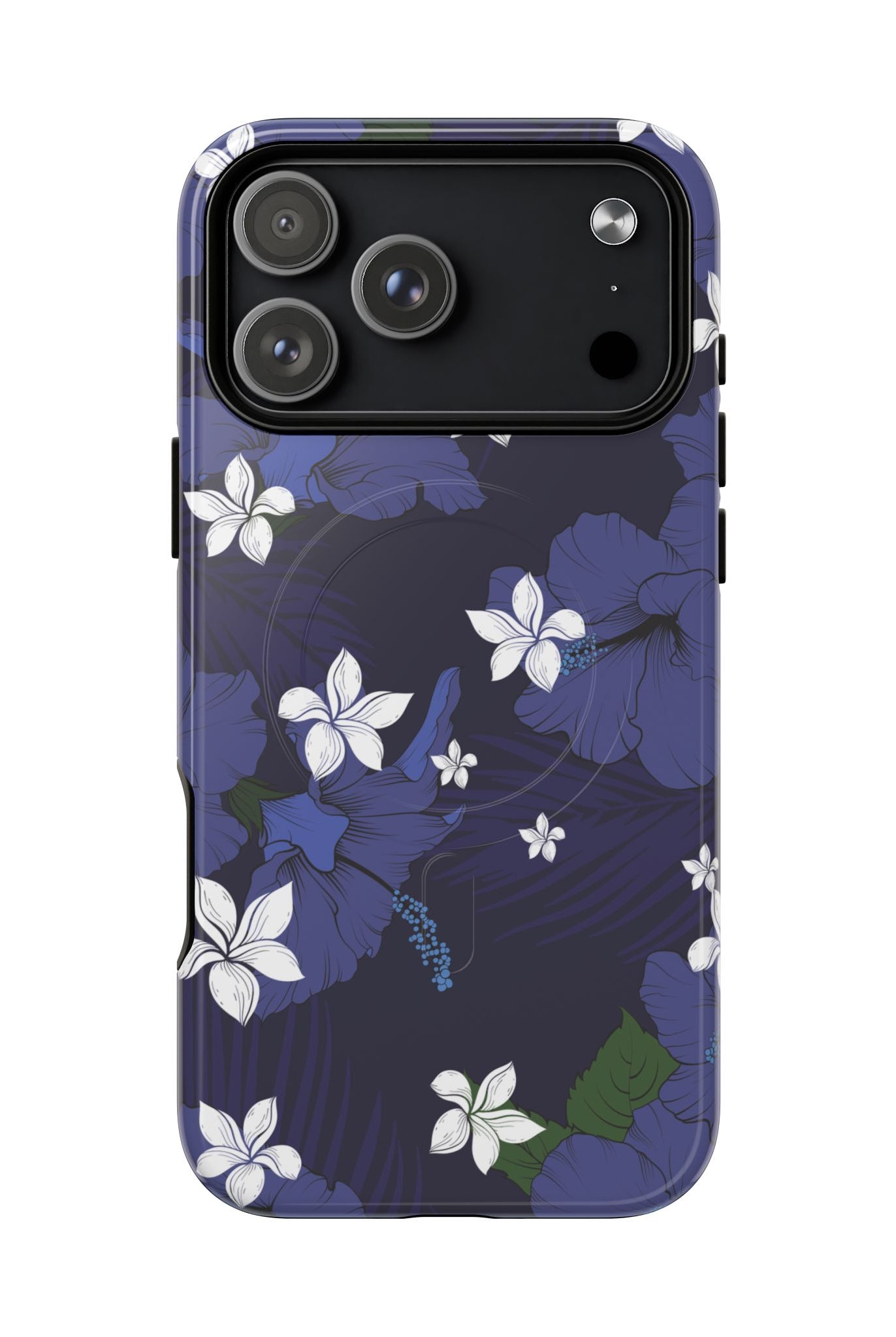 Woman holding Vintage Blue MagSafe iPhone Case - Hawaiian Indigo Hibiscus White Plumeria Design - The Local Banyan