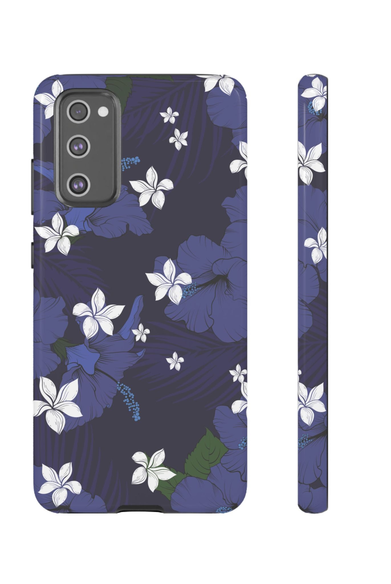 Vintage Blue Tough Samsung Galaxy Case Samsung Galaxy S20 FE Glossy - Hawaiian Indigo Hibiscus White Plumeria Design - The Local Banyan
