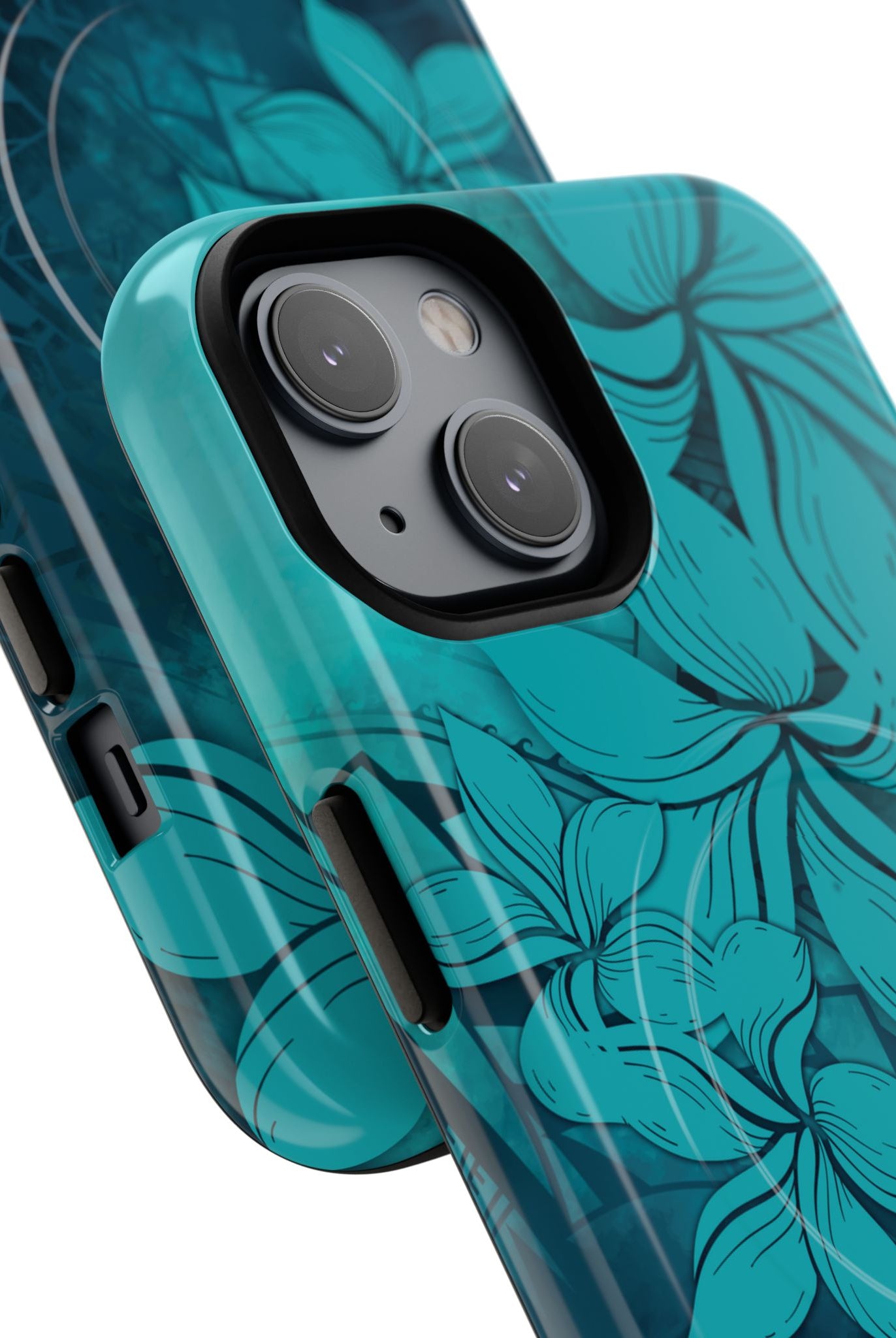 Woman holding Moana Bloom MagSafe iPhone Case - Hawaiian Teal Plumeria Ocean Tribal Design - The Local Banyan