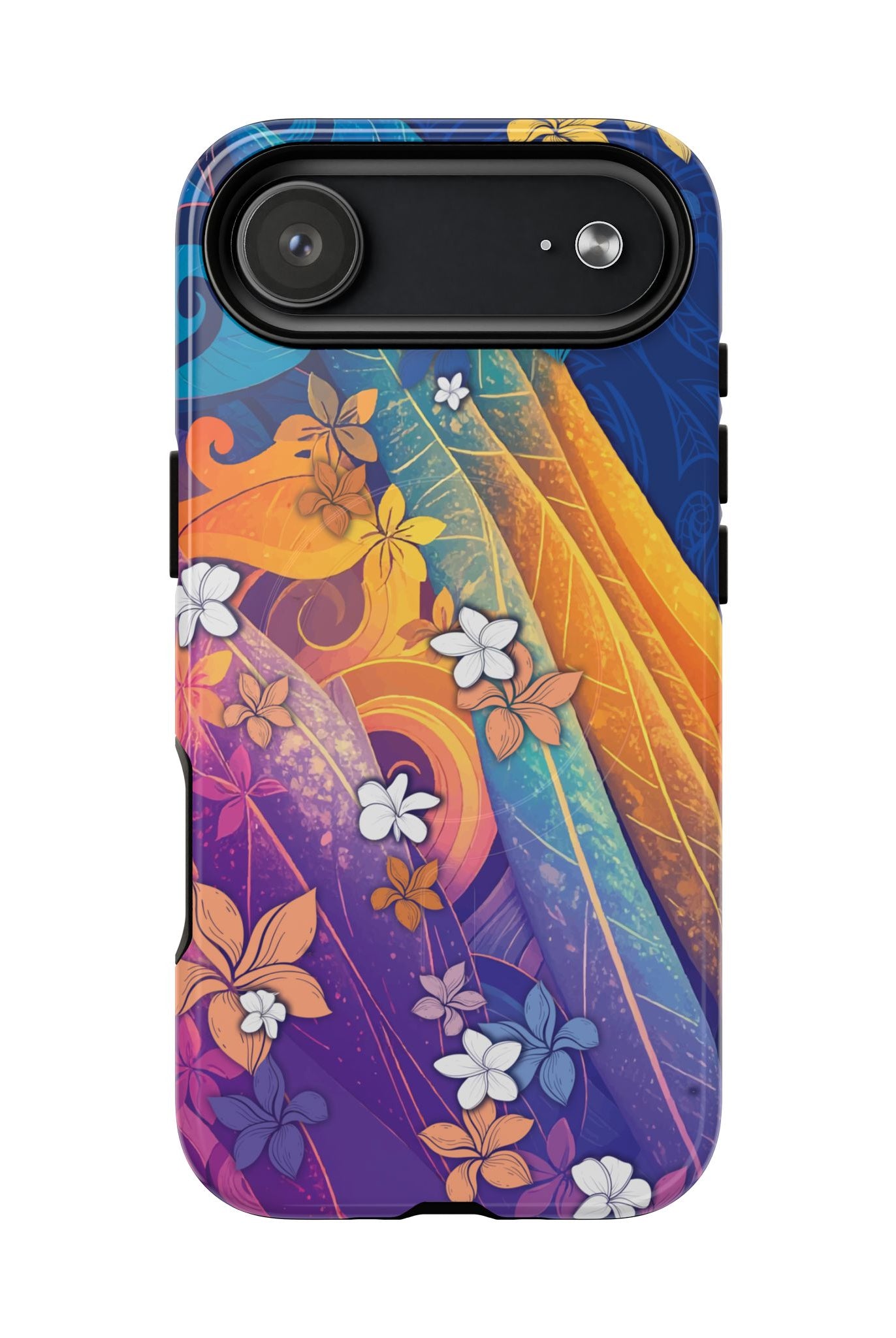 Mauna Sunrise MagSafe iPhone Case Detail View - Hawaiian Colorful Sunrise Plumeria Design Close Up - The Local Banyan