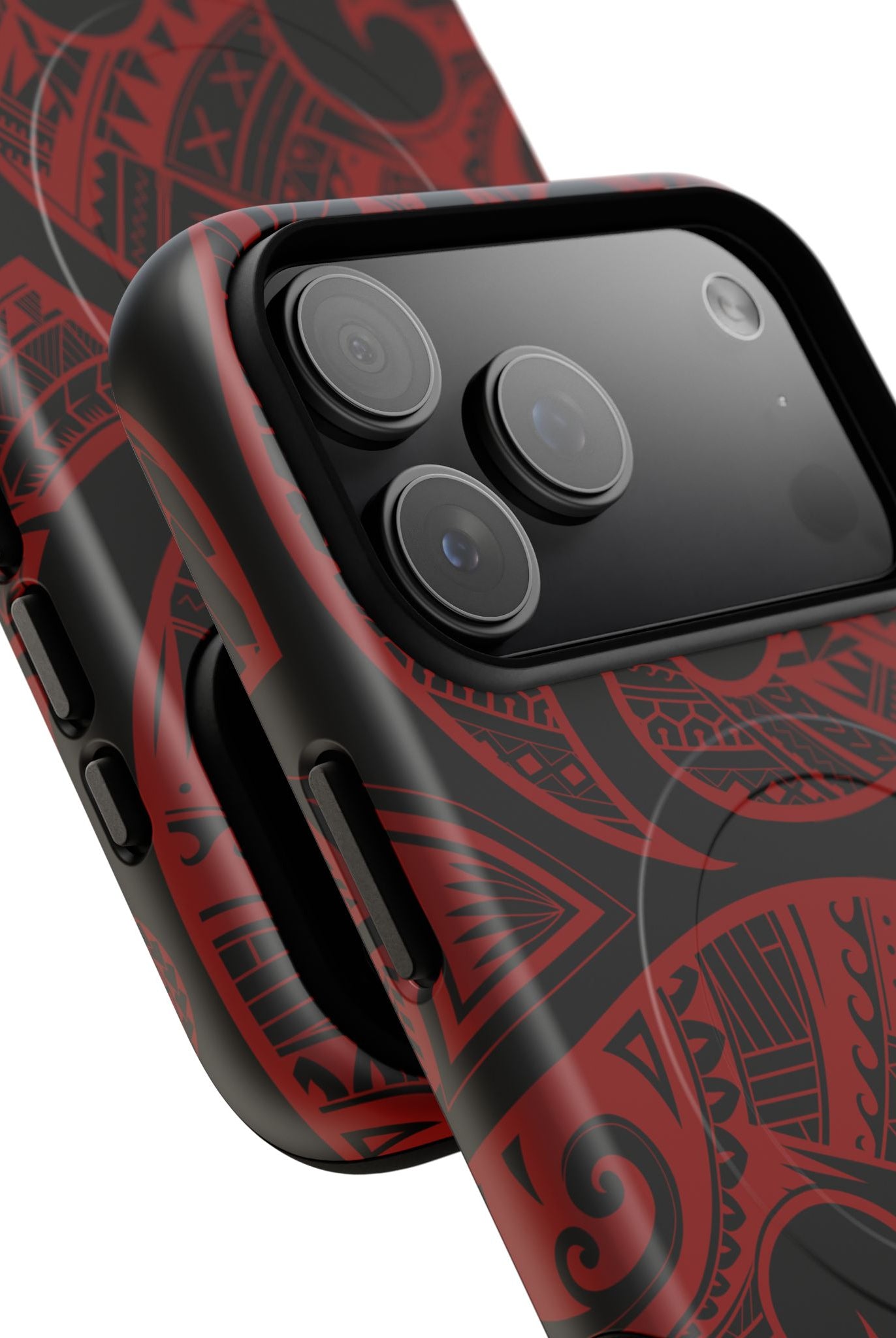 Woman holding Island Tribal MagSafe iPhone Case - Hawaiian Crimson Red Polynesian Tribal Design - The Local Banyan