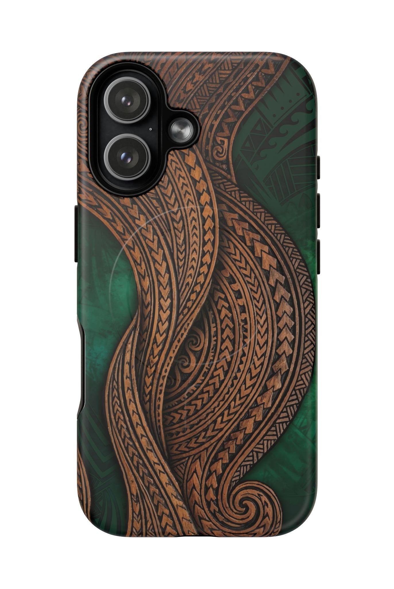 Woman holding Island Kalai MagSafe iPhone Case - Hawaiian Carved Wood Grain Emerald Green Tribal Design - The Local Banyan