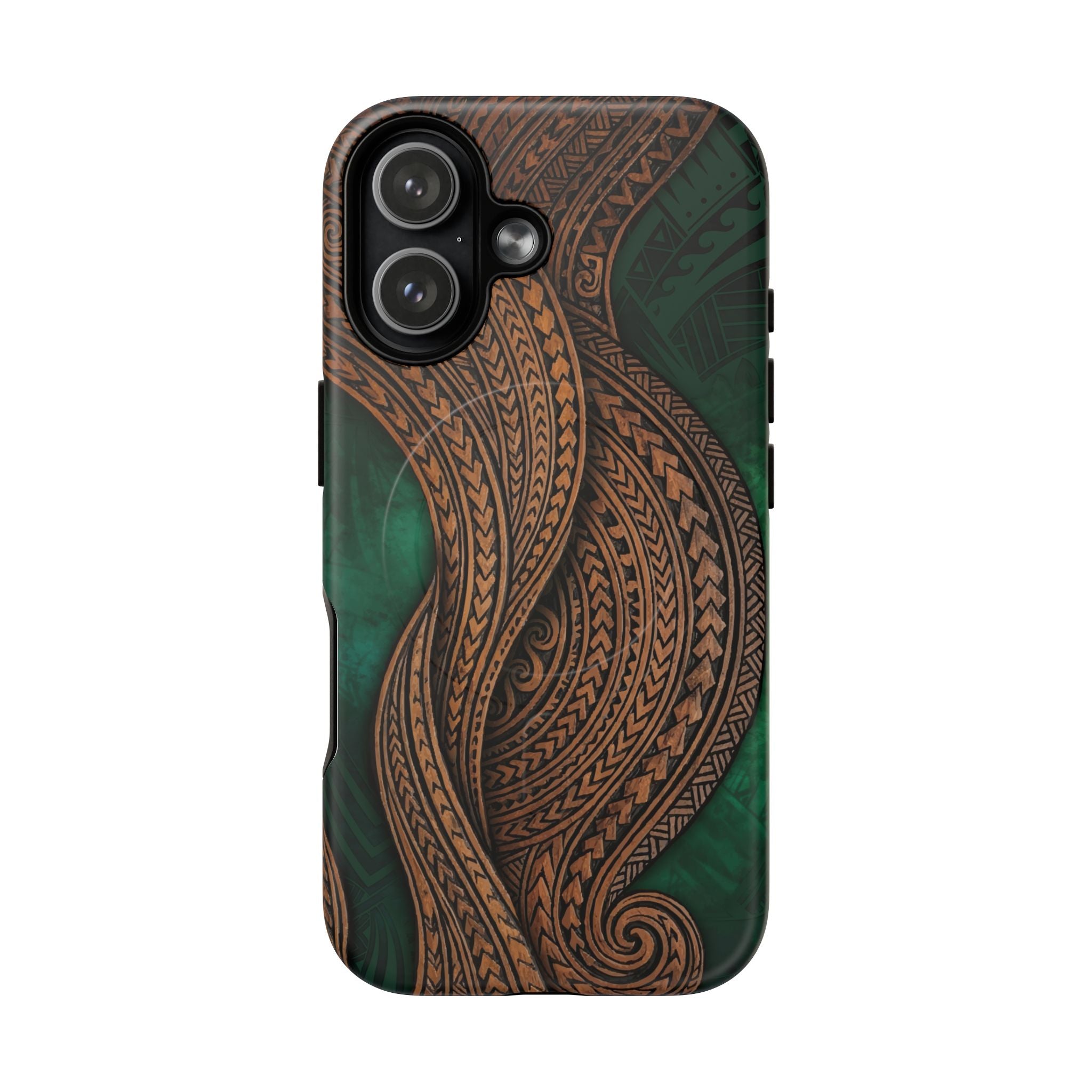 Woman holding Island Kalai MagSafe iPhone Case - Hawaiian Carved Wood Grain Emerald Green Tribal Design - The Local Banyan