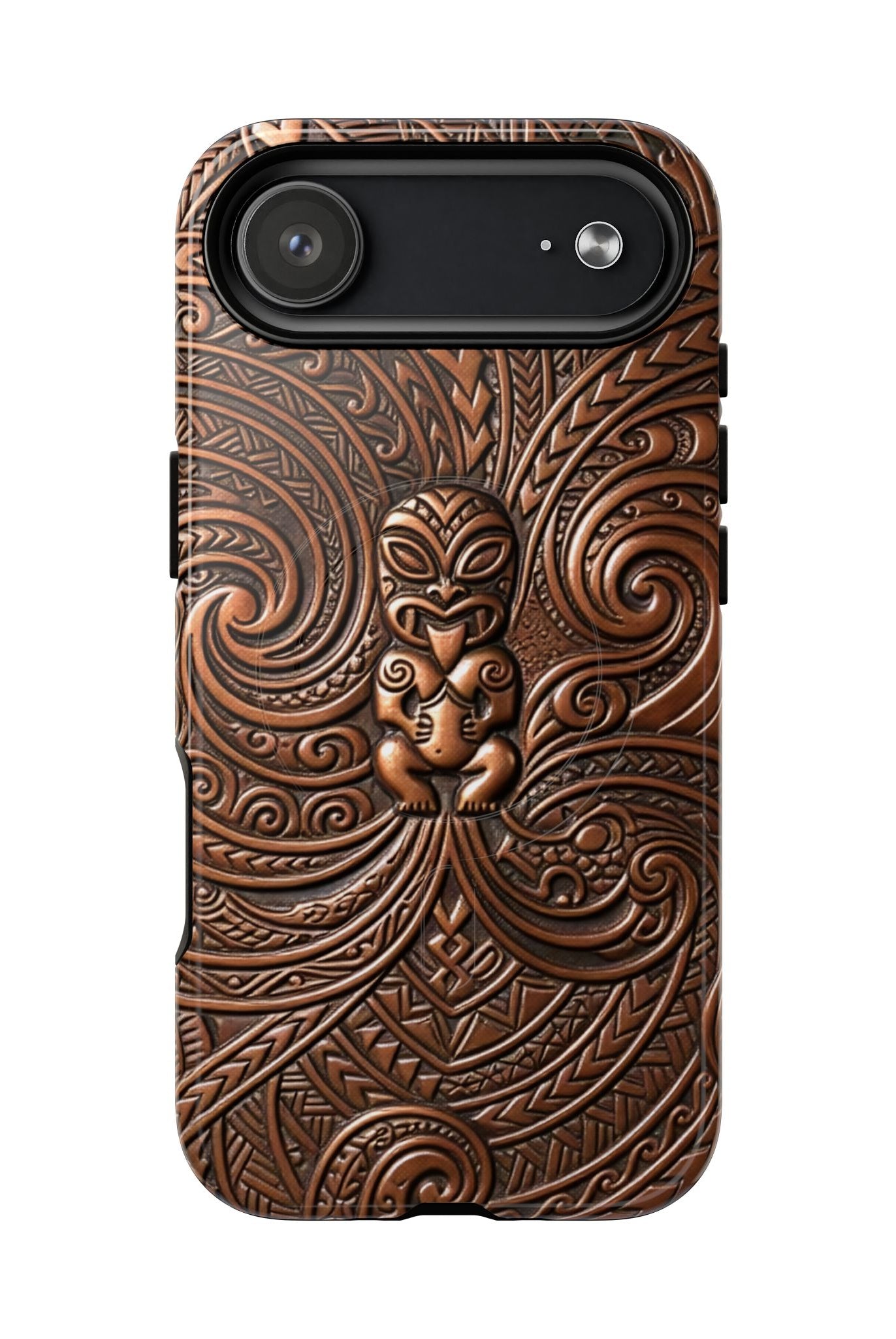 Woman holding Paa Guardian MagSafe iPhone Case - Hawaiian Copper Carved Tiki Polynesian Design - The Local Banyan
