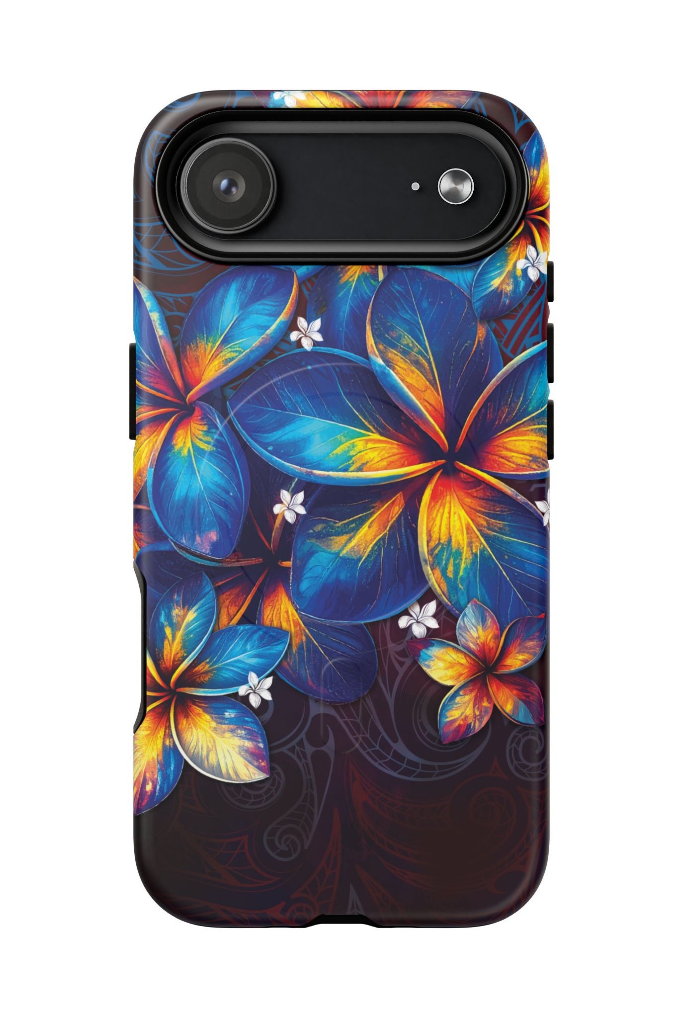 Woman holding Nohea Twilight MagSafe iPhone Case - Hawaiian Blue Orange Plumeria Twilight Design - The Local Banyan