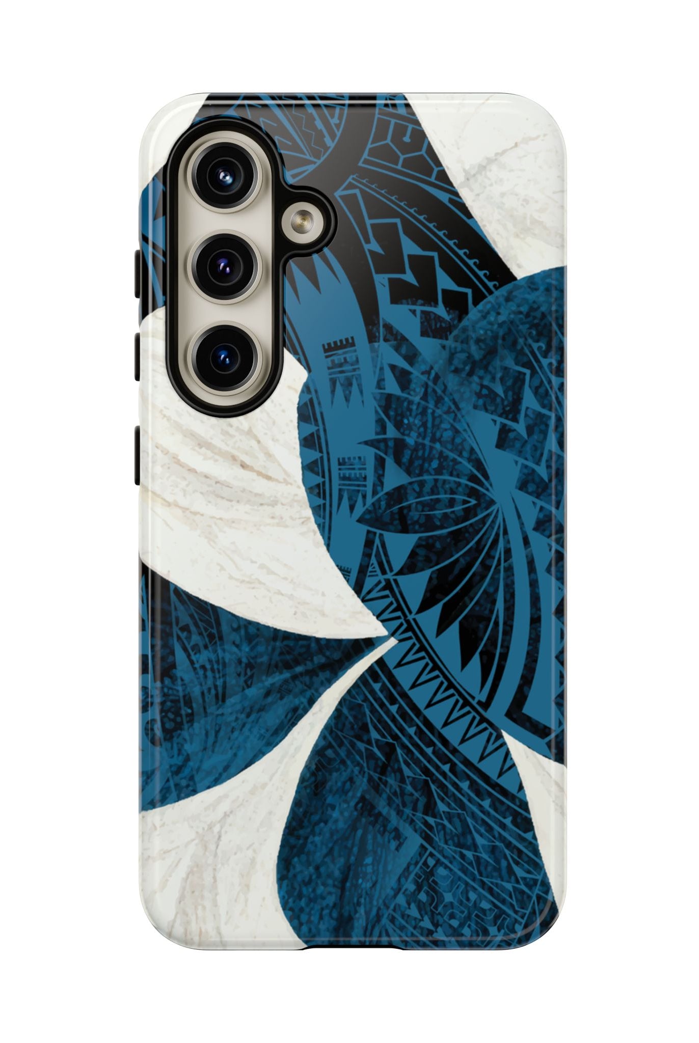 Woman holding Hana Breeze Tough Samsung Galaxy Case - Hawaiian Blue Plumeria Polynesian Botanical Design - The Local Banyan