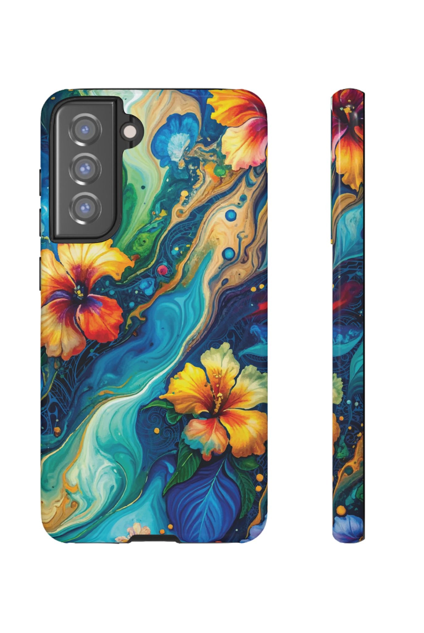 Aloalo Drift Tough Samsung Galaxy Case Samsung Galaxy S21 FE Glossy - Hawaiian Hibiscus Teal Ocean Wave Design - The Local Banyan