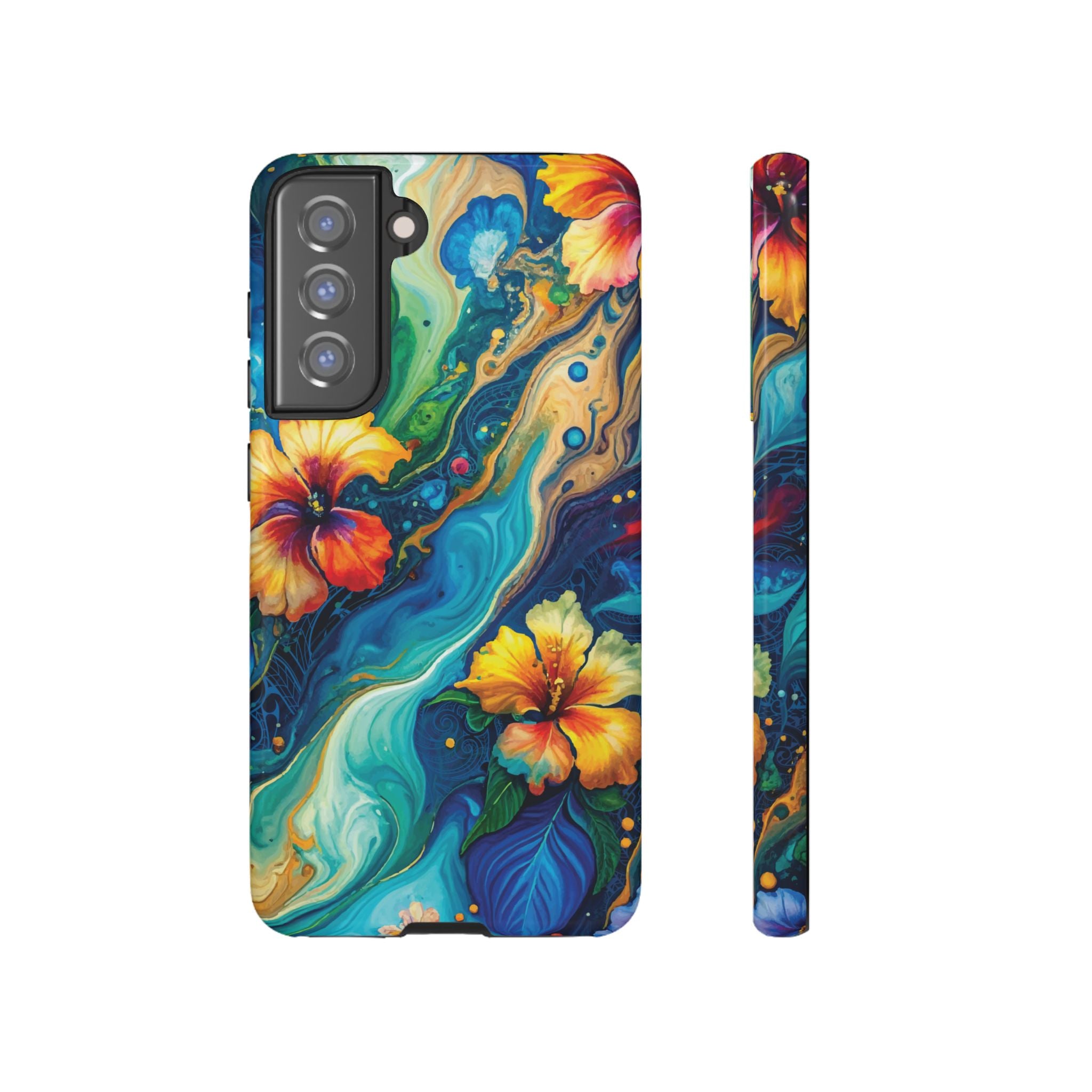 Aloalo Drift Tough Samsung Galaxy Case Samsung Galaxy S21 FE Glossy - Hawaiian Hibiscus Teal Ocean Wave Design - The Local Banyan