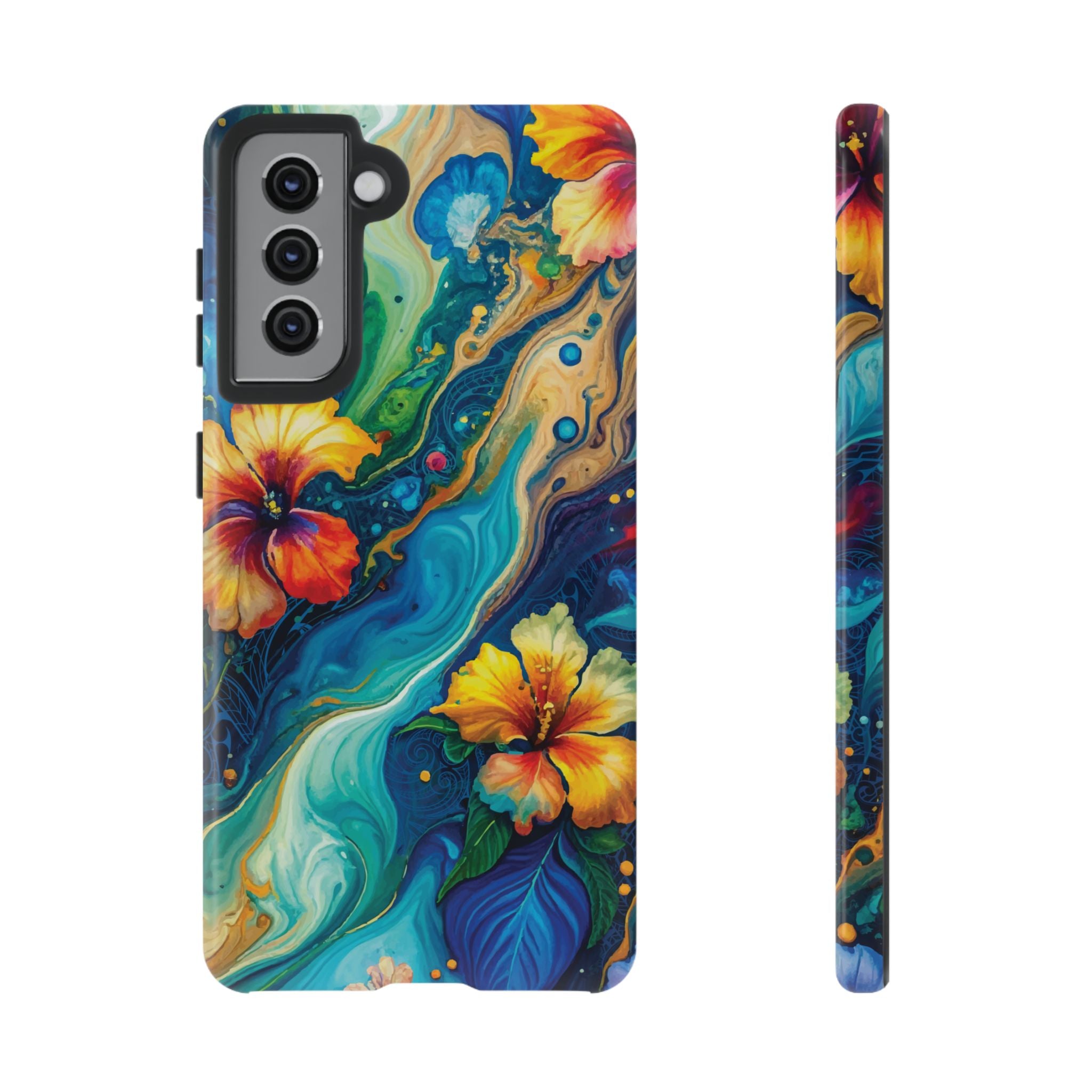 Aloalo Drift Tough Samsung Galaxy Case Samsung Galaxy S21 Glossy - Hawaiian Hibiscus Teal Ocean Wave Design - The Local Banyan