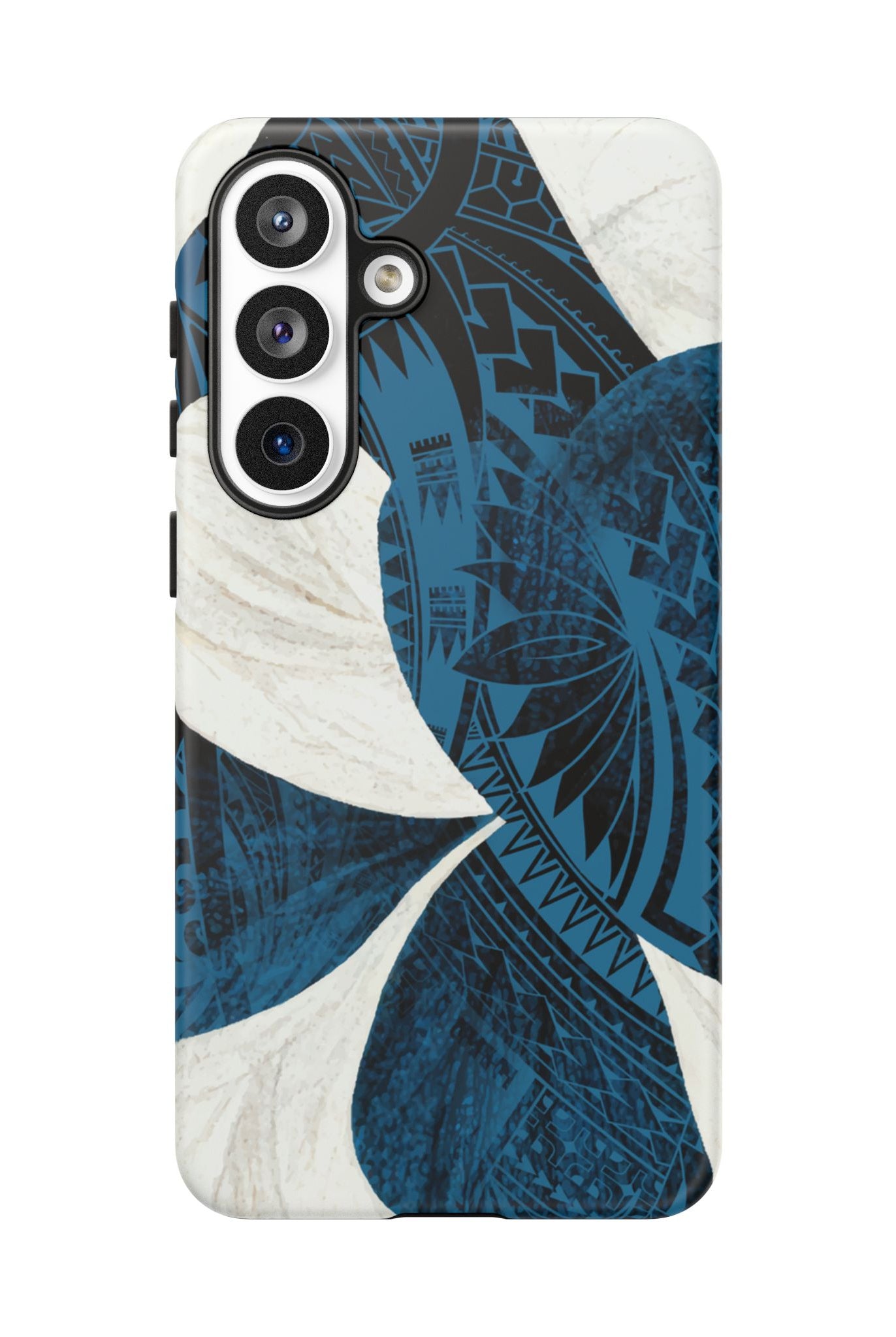 Woman holding Hana Breeze Tough Samsung Galaxy Case - Hawaiian Blue Plumeria Polynesian Botanical Design - The Local Banyan