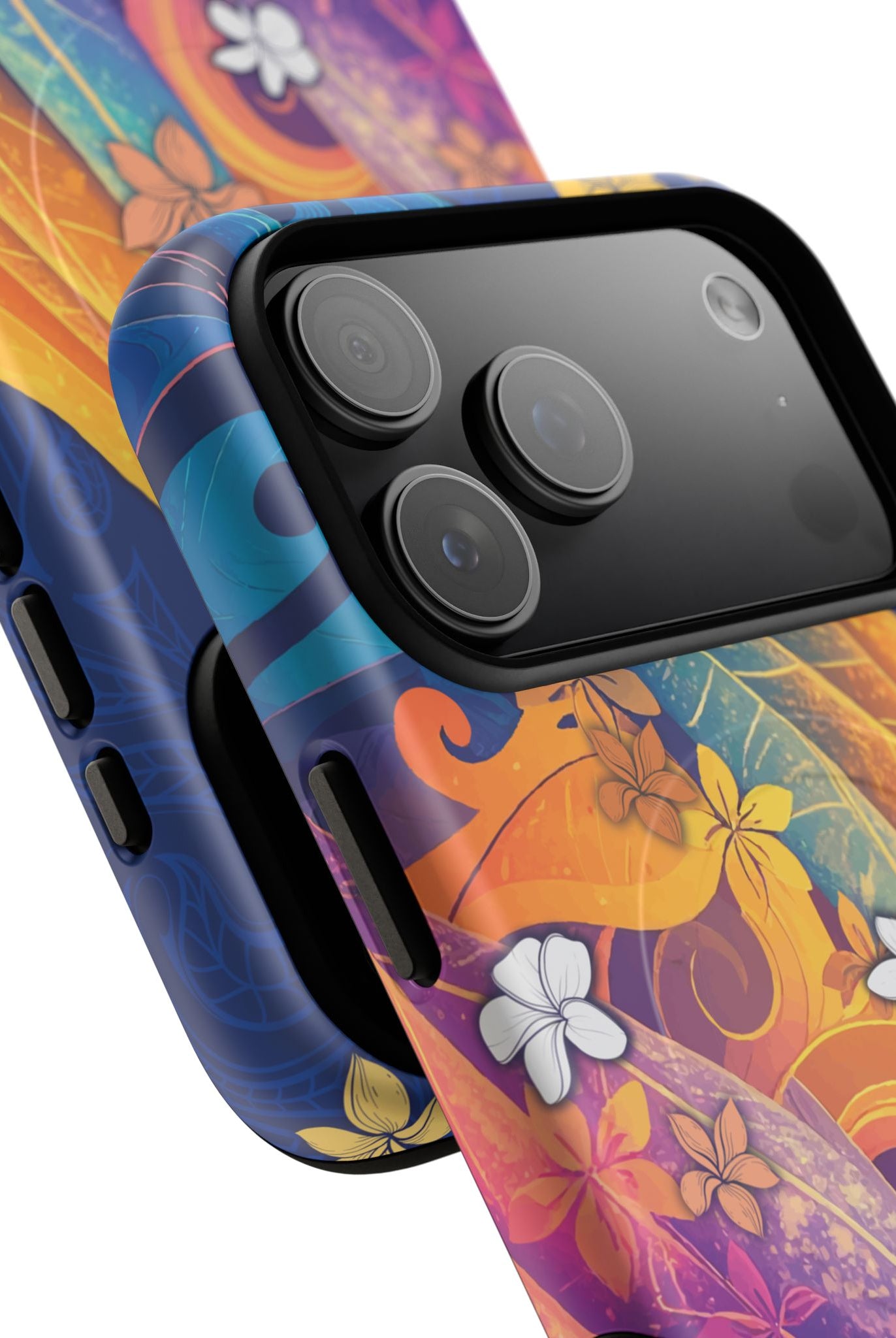 Mauna Sunrise MagSafe iPhone Case Detail View - Hawaiian Colorful Sunrise Plumeria Design Close Up - The Local Banyan