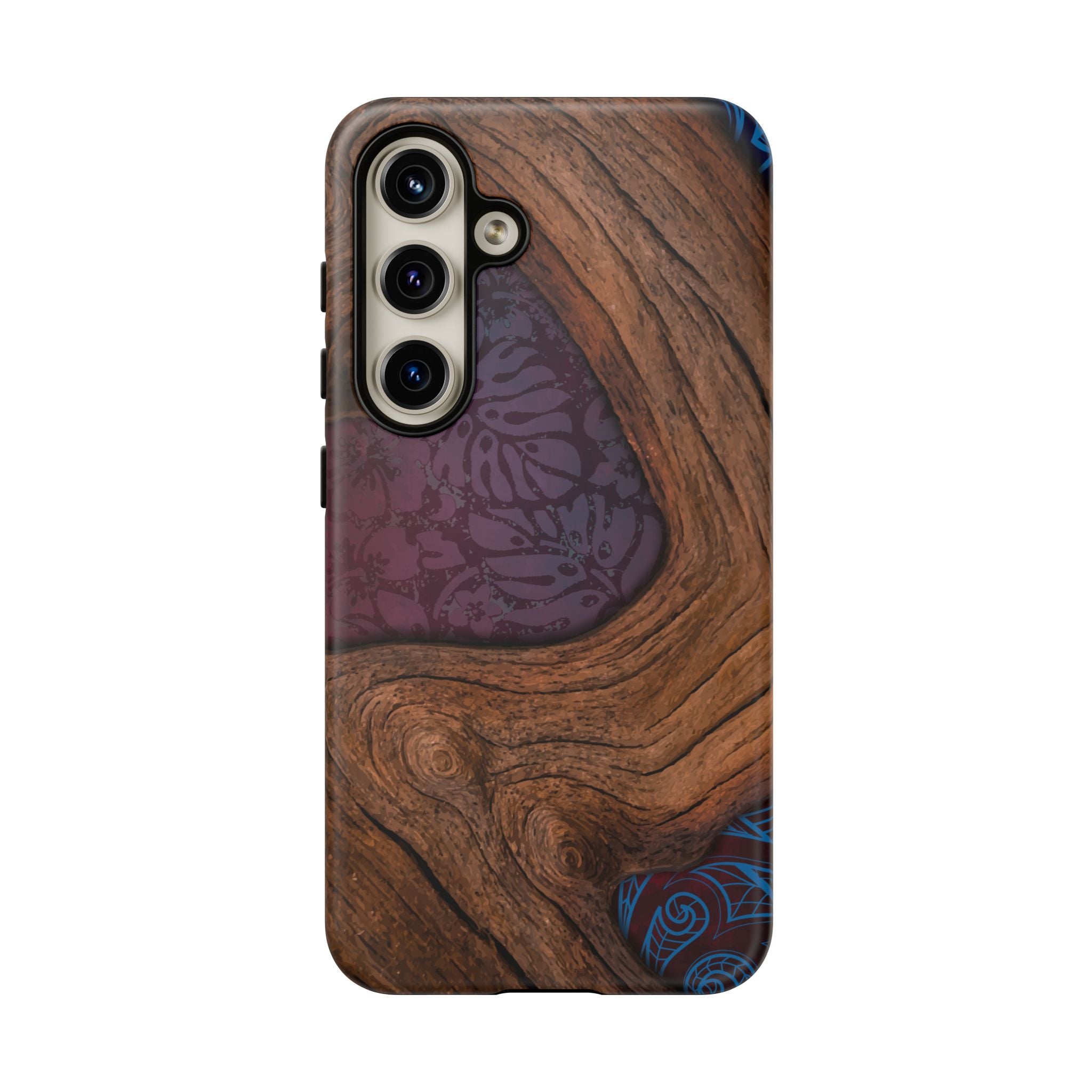 Rooted Tough Samsung Galaxy Case Detail View - Hawaiian Koa Wood Island Strength Tribal Design Close Up - The Local Banyan