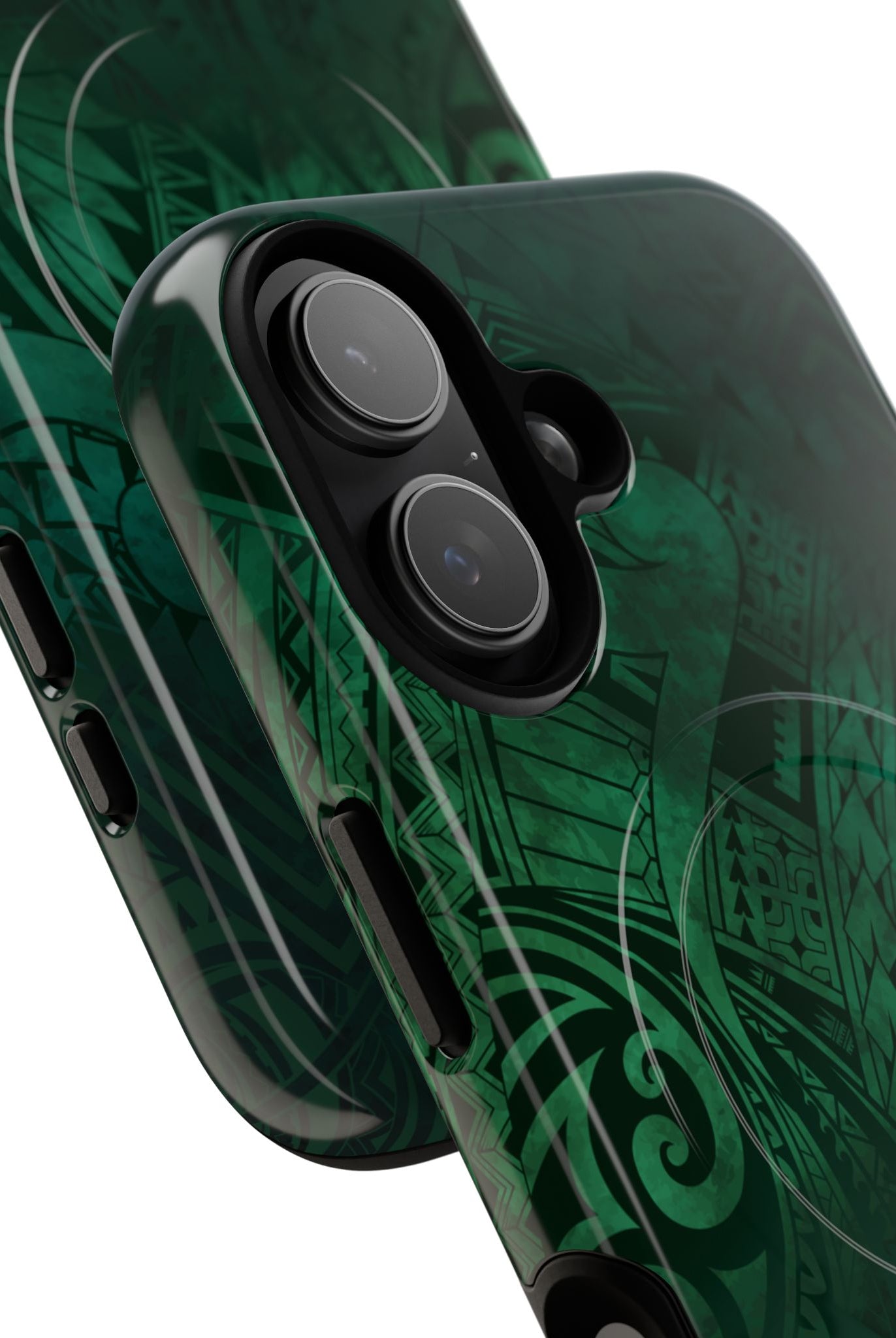Nahele Spirit MagSafe iPhone Case Detail View - Hawaiian Forest Green Polynesian Tribal Design Close Up - The Local Banyan