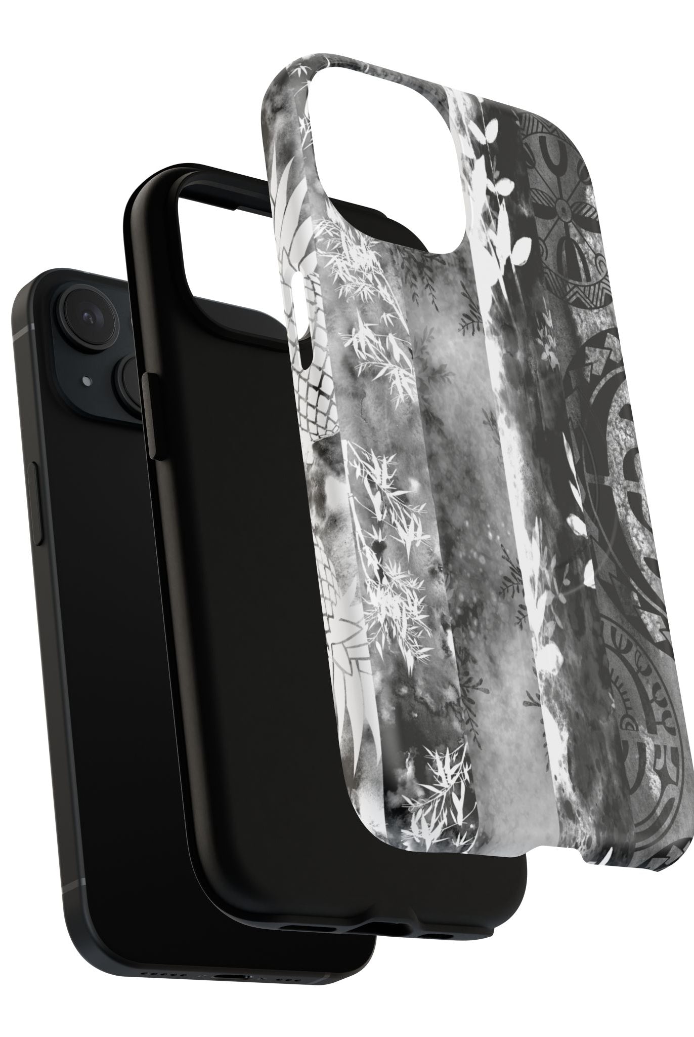 Monochrome Oasis MagSafe iPhone Case Detail View - Hawaiian Black White Botanical Tribal Design Close Up - The Local Banyan
