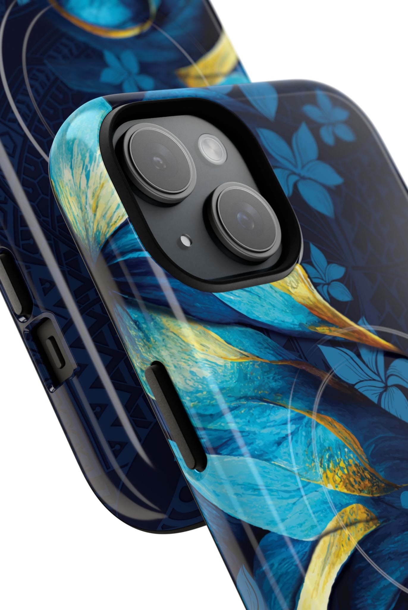 Po Mahina MagSafe iPhone Case Detail View - Hawaiian Moonlit Teal Gold Floral Design Close Up - The Local Banyan