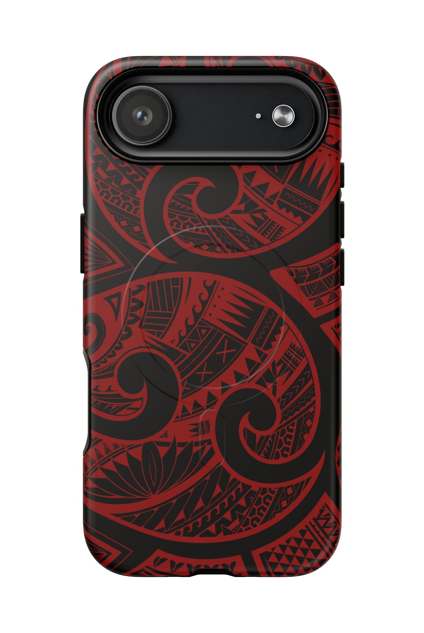 Woman holding Island Tribal MagSafe iPhone Case - Hawaiian Crimson Red Polynesian Tribal Design - The Local Banyan
