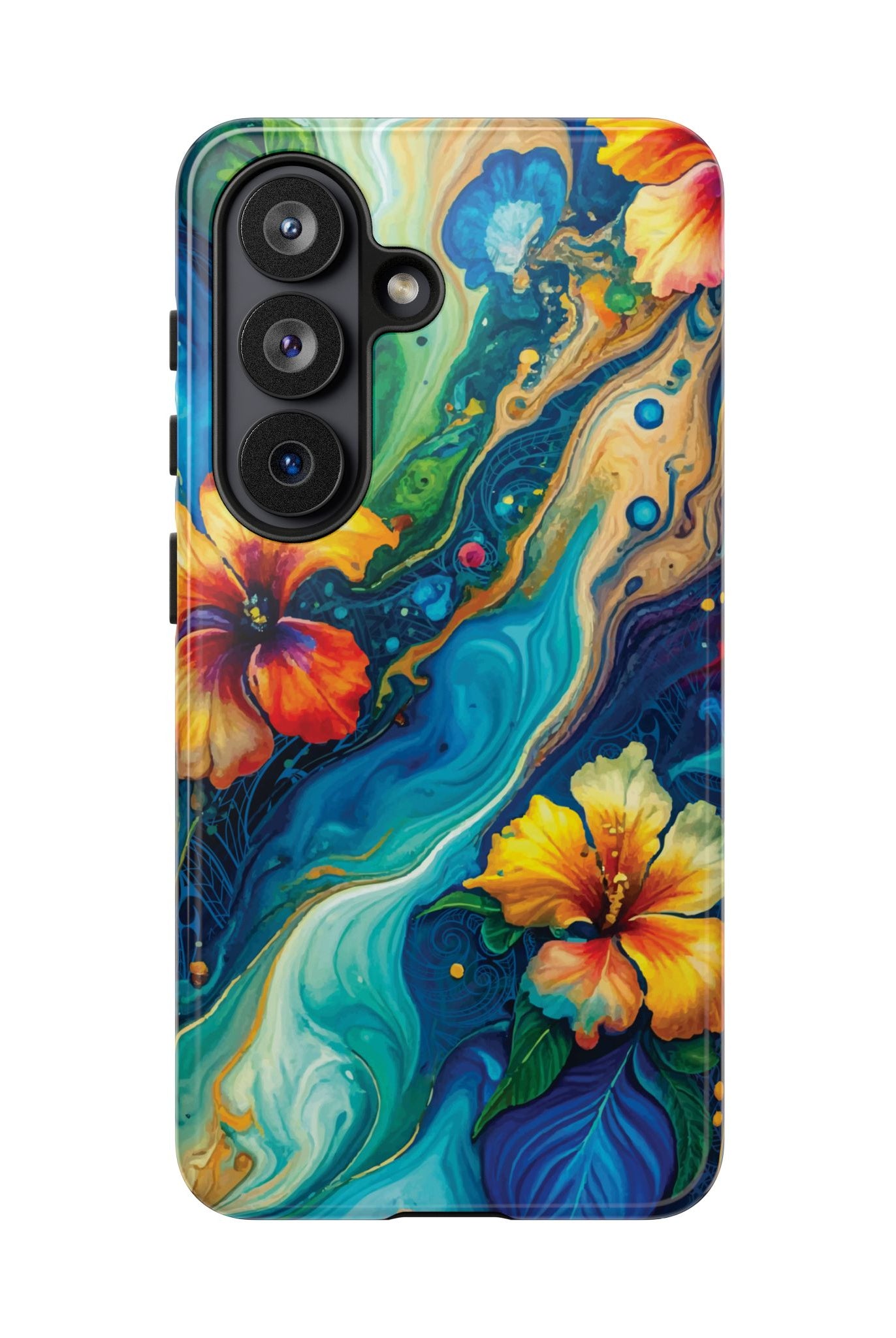 Aloalo Drift Tough Samsung Galaxy Case Detail View - Hawaiian Hibiscus Teal Ocean Wave Design Close Up - The Local Banyan