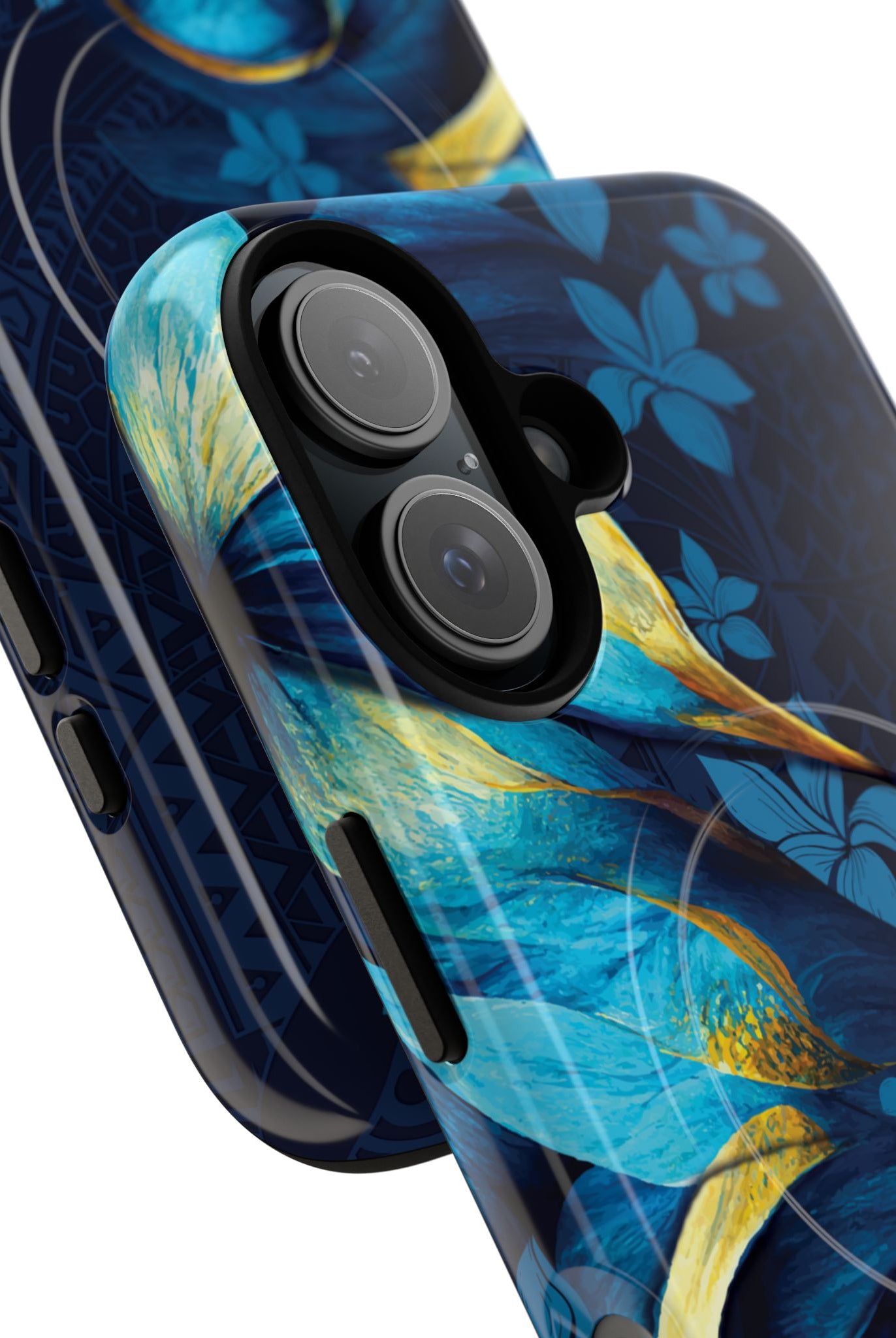 Woman holding Po Mahina MagSafe iPhone Case - Hawaiian Moonlit Teal Gold Floral Design - The Local Banyan