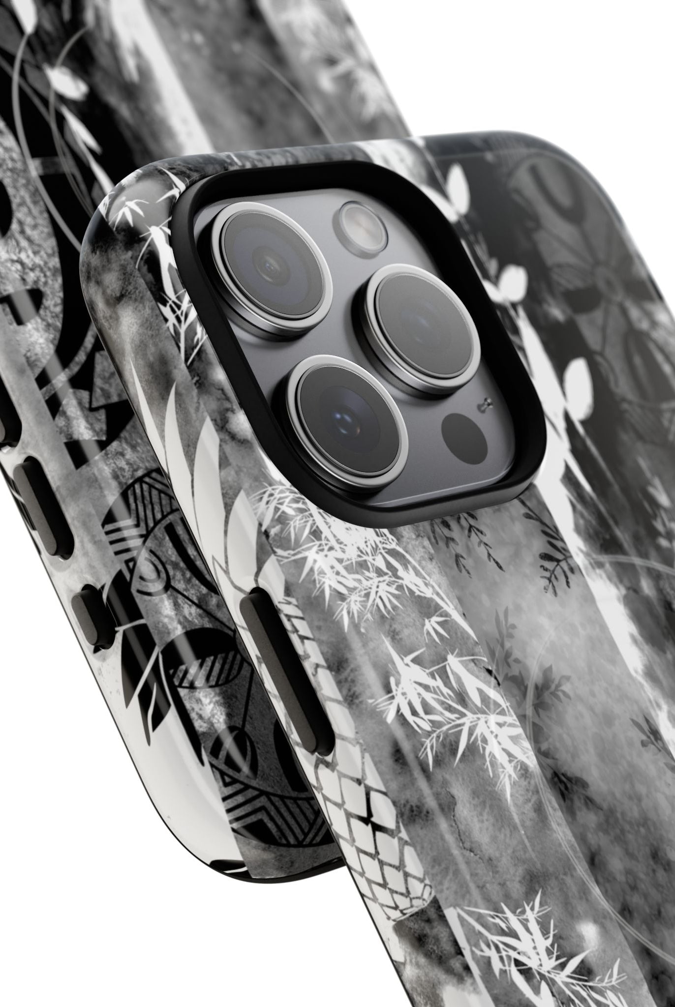 Monochrome Oasis MagSafe iPhone Case Detail View - Hawaiian Black White Botanical Tribal Design Close Up - The Local Banyan