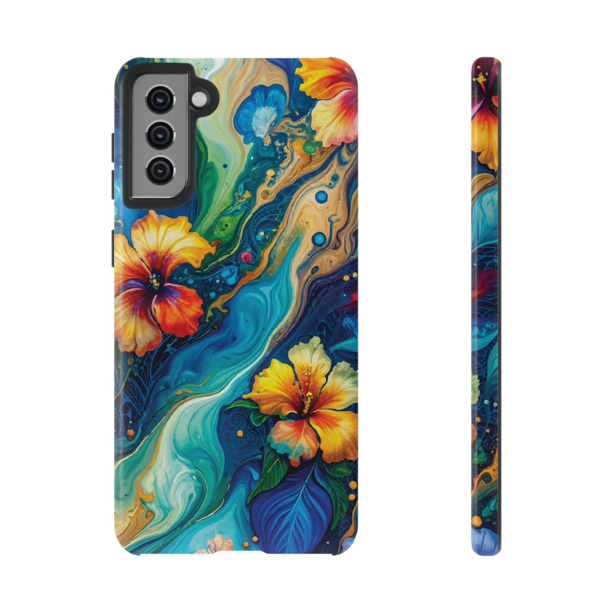 Aloalo Drift Tough Samsung Galaxy Case Samsung Galaxy S21 Plus Glossy - Hawaiian Hibiscus Teal Ocean Wave Design - The Local Banyan