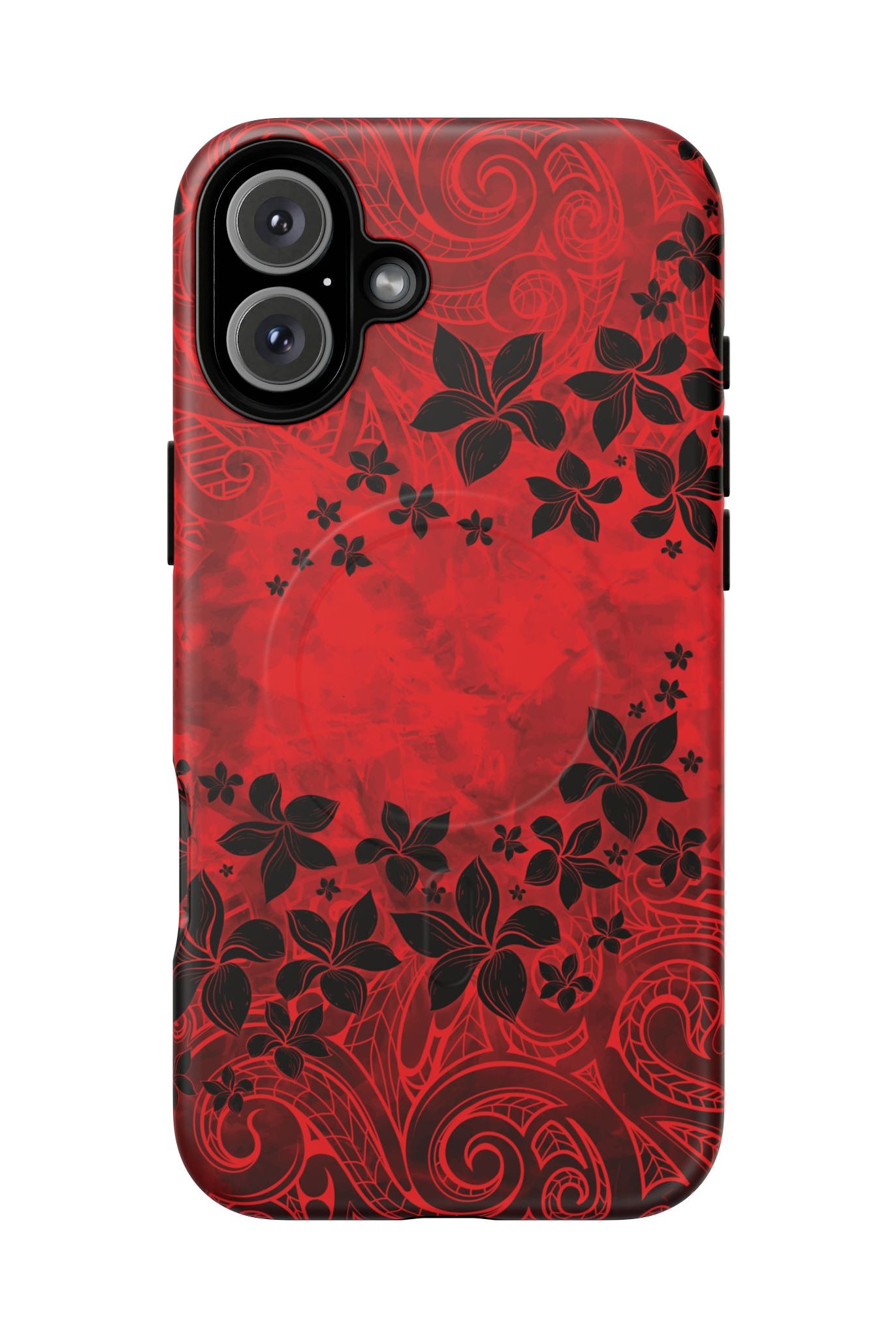 Woman holding Keahi Pua MagSafe iPhone Case - Hawaiian Fire Flower Red Tribal Floral Design - The Local Banyan