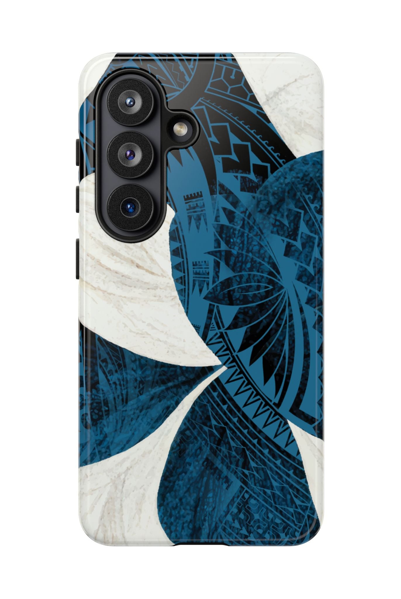 Woman holding Hana Breeze Tough Samsung Galaxy Case - Hawaiian Blue Plumeria Polynesian Botanical Design - The Local Banyan