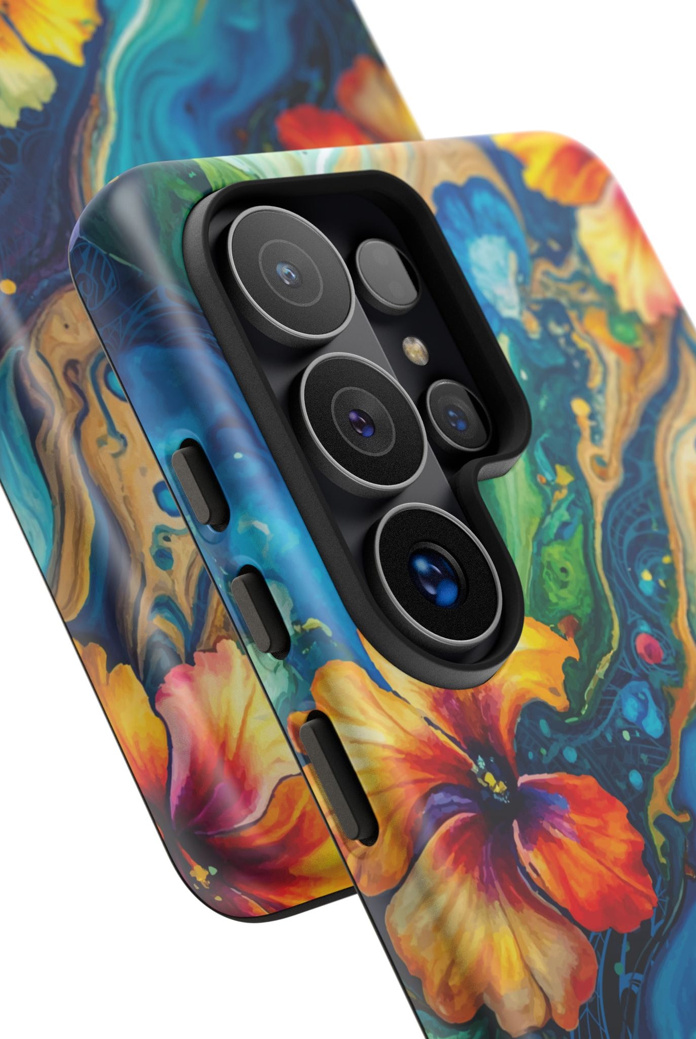 Aloalo Drift Tough Samsung Galaxy Case Detail View - Hawaiian Hibiscus Teal Ocean Wave Design Close Up - The Local Banyan