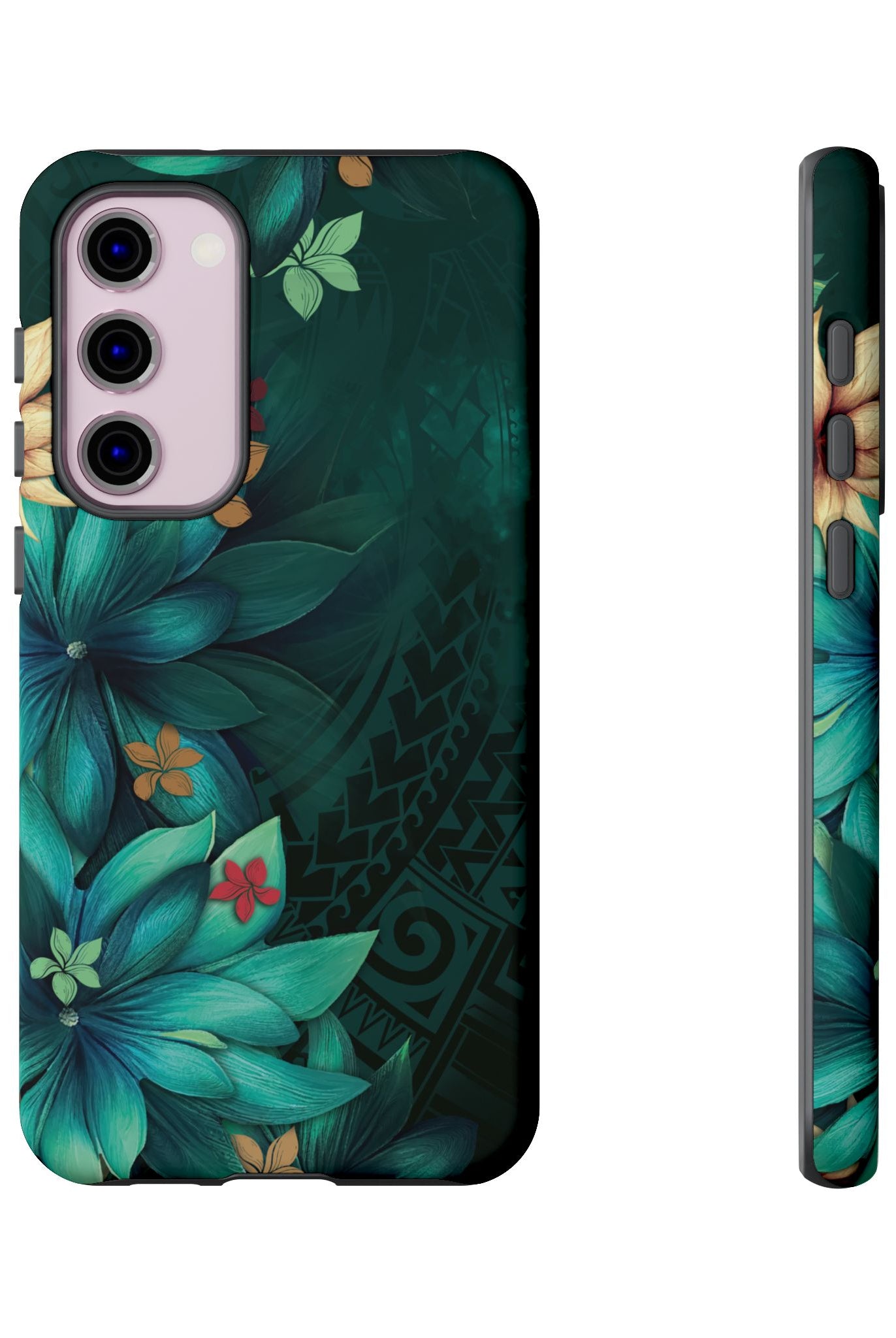 Woman holding Aloha Whispers Tough Samsung Galaxy Case - Hawaiian Abstract Green Floral Polynesian Design - The Local Banyan