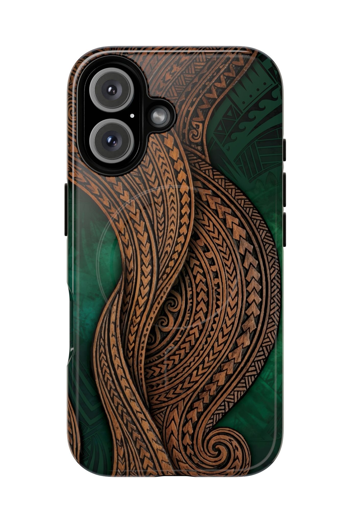 Island Kalai MagSafe iPhone Case iPhone 16 Glossy - Hawaiian Carved Wood Grain Emerald Green Tribal Design - The Local Banyan