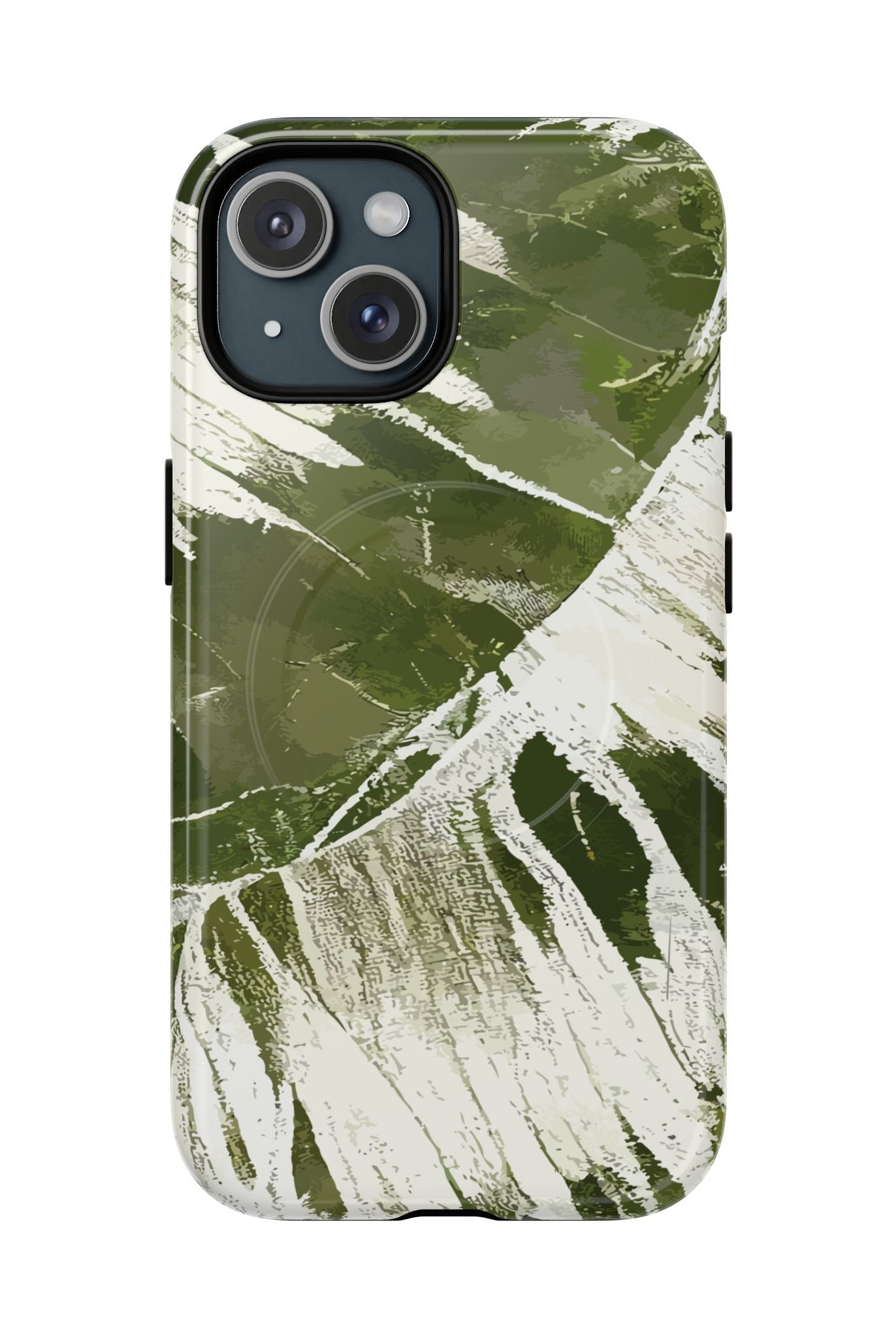 Island Breeze MagSafe iPhone Case iPhone 15 Glossy - Hawaiian Palm Leaf Olive Green Botanical Design - The Local Banyan
