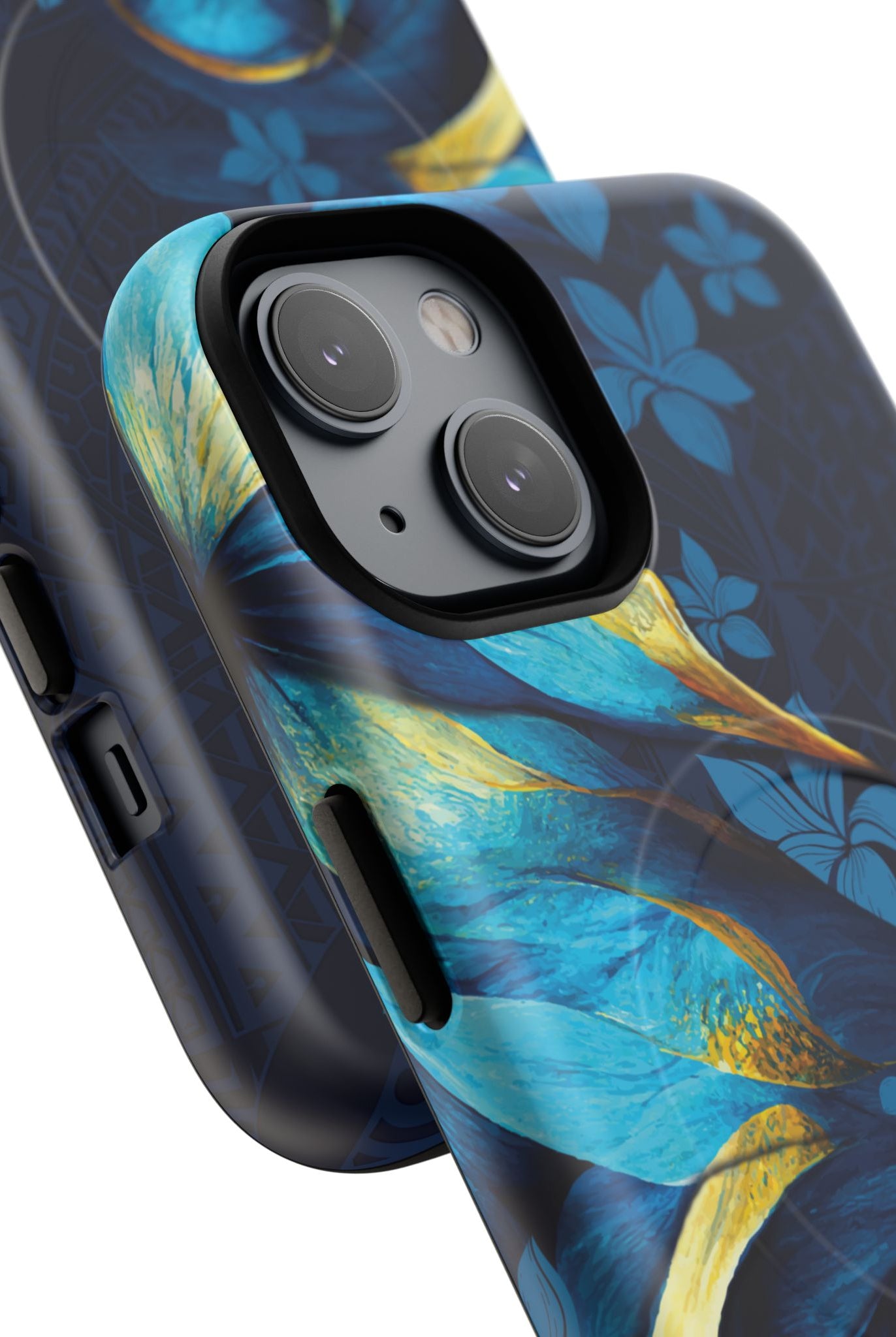 Po Mahina MagSafe iPhone Case Detail View - Hawaiian Moonlit Teal Gold Floral Design Close Up - The Local Banyan