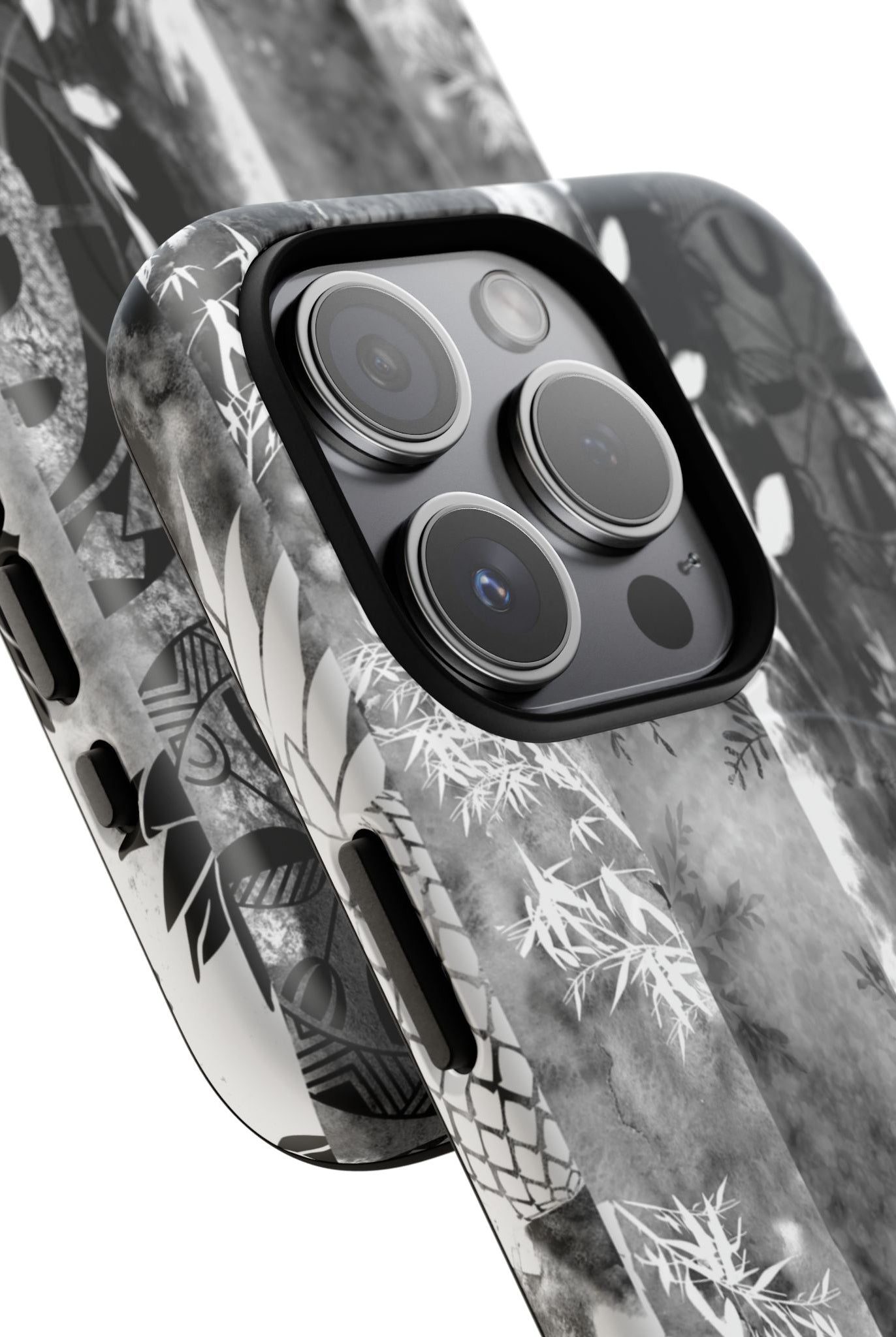 Monochrome Oasis MagSafe iPhone Case Detail View - Hawaiian Black White Botanical Tribal Design Close Up - The Local Banyan